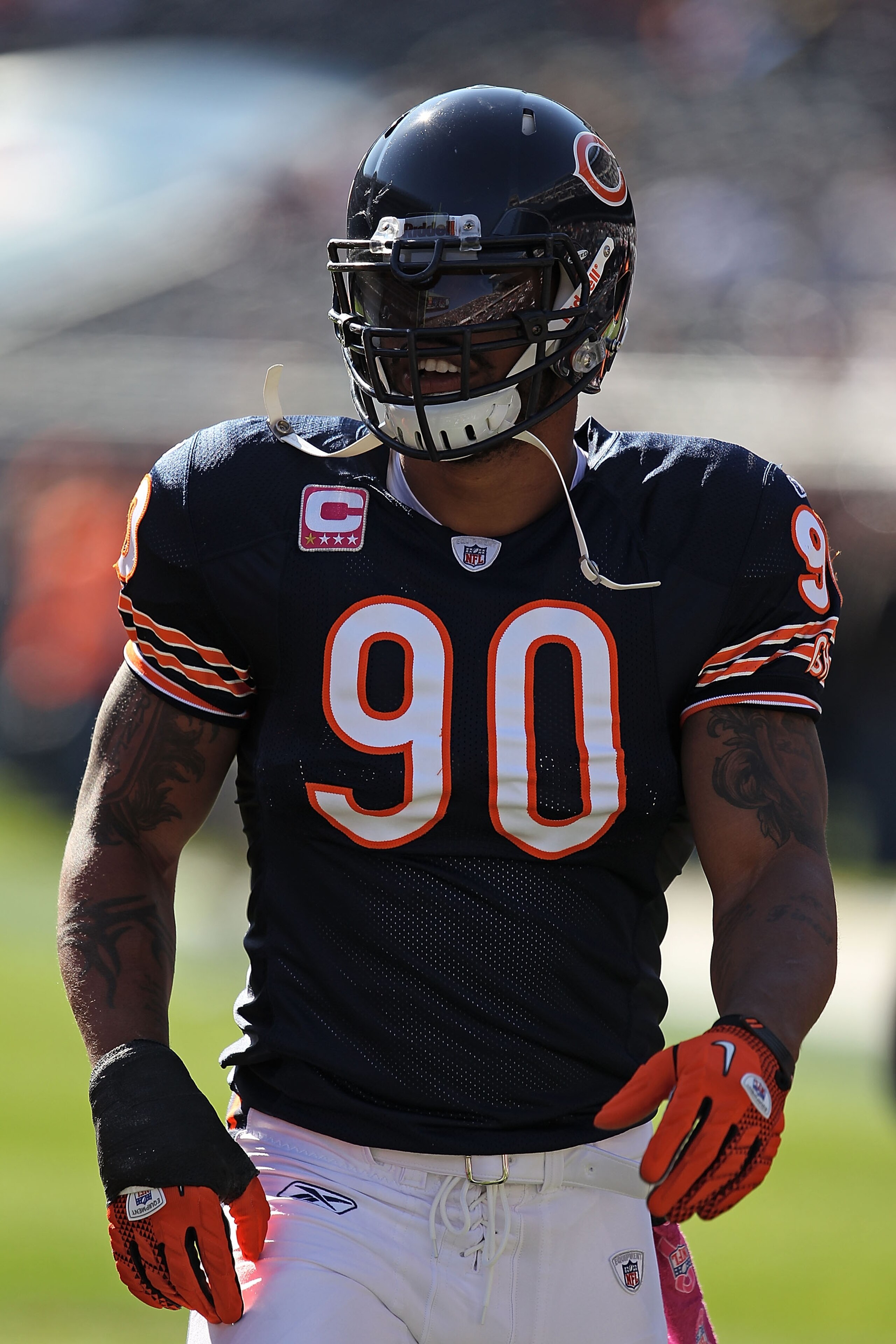 CHICAGO - OCTOBER 17: Julius Peppers #90 of the Chicago Bears participates in warm-ups before a game against the Seattle Seahawks at Soldier Field on October 17, 2010 in Chicago, Illinois. The Seahawks defeated the Bears 23-20. (Photo by Jonathan Daniel/G