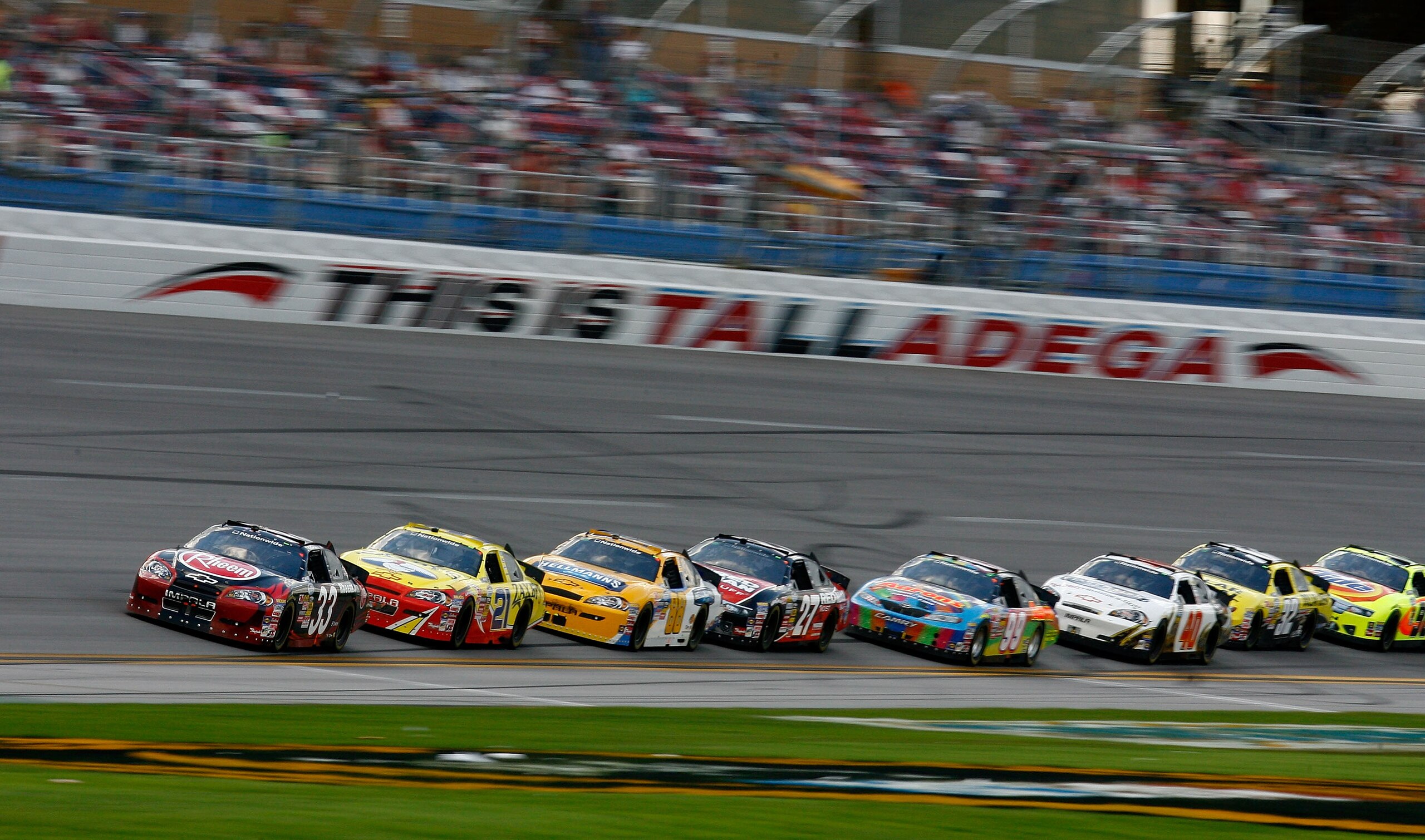 TALLADEGA, AL - APRIL 25: Kevin Harvick, driver of the #33 Rheem Chevrolet, leads the field during the NASCAR Nationwide Series Aaron's 312 at Talladega Superspeedway on April 25, 2010 in Talladega, Alabama. (Photo by Jason Smith/Getty Images) TALLADEGA, AL - APRIL 25: Kevin Harvick, driver of the #33 Rheem Chevrolet, leads the field during the NASCAR Nationwide Series Aaron's 312 at Talladega Superspeedway on April 25, 2010 in Talladega, Alabama. (Photo by Jason Smith/Getty Images)