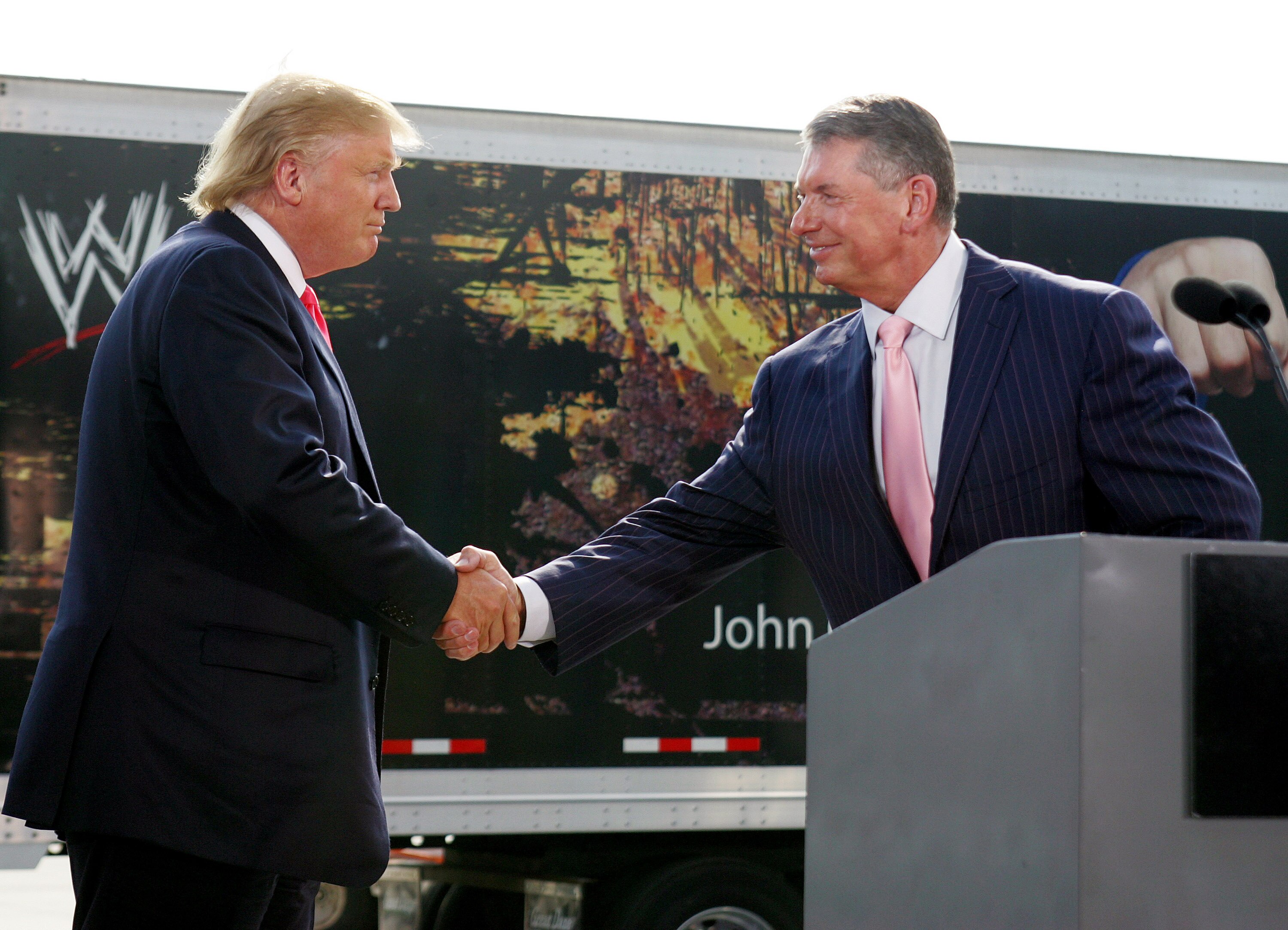 GREEN BAY, WI - JUNE 22:  Vince McMahon (R) and Donald Trump attend a press conference about the WWE at the Austin Straubel International Airport on June 22, 2009 in Green Bay, Wisconsin.  (Photo by Mark A. Wallenfang/Getty Images)