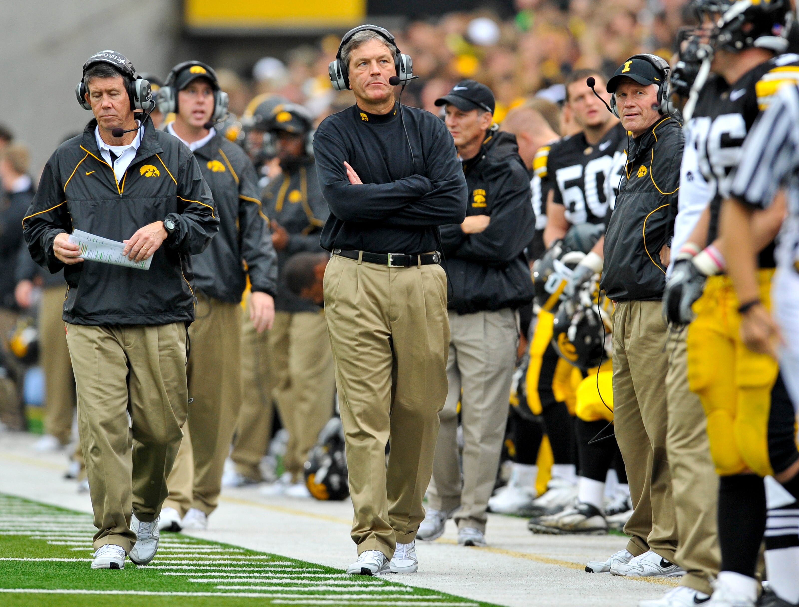 IOWA CITY, IA - OCTOBER 23: Kirk Ferentz head coach of the University of Iowa Hawkeyes looks on from the sidelines during the  second half against the Wisconsin Badgers during the first half of play at Kinnick Stadium on October 23, 2010 in Iowa City, Iow