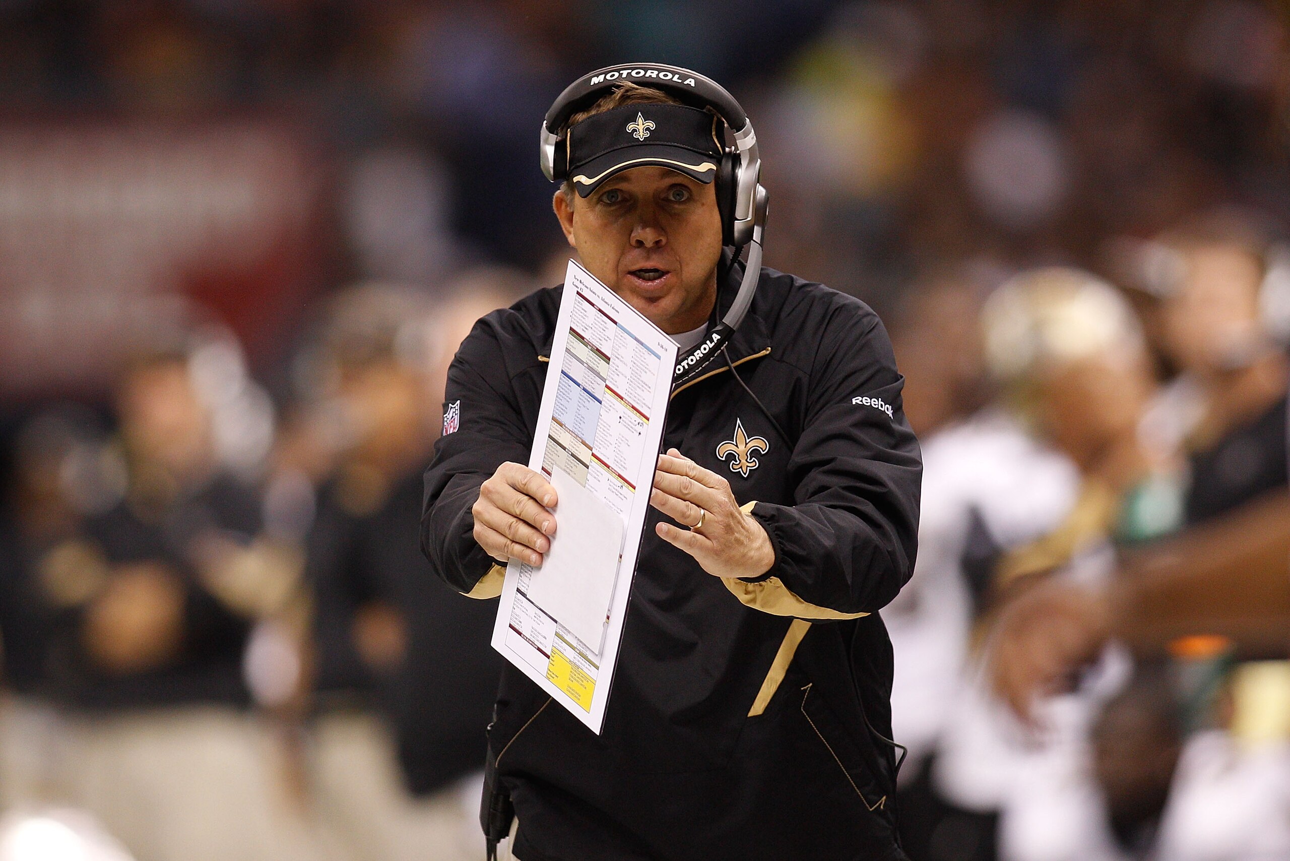 NEW ORLEANS - SEPTEMBER 26:  Head coach Sean Payton of the New Orleans Saints reacts to a call by the officials during the game against the Atlanta Falcons at the Louisiana Superdome on September 26, 2010 in New Orleans, Louisiana.  The Falcons defeated t