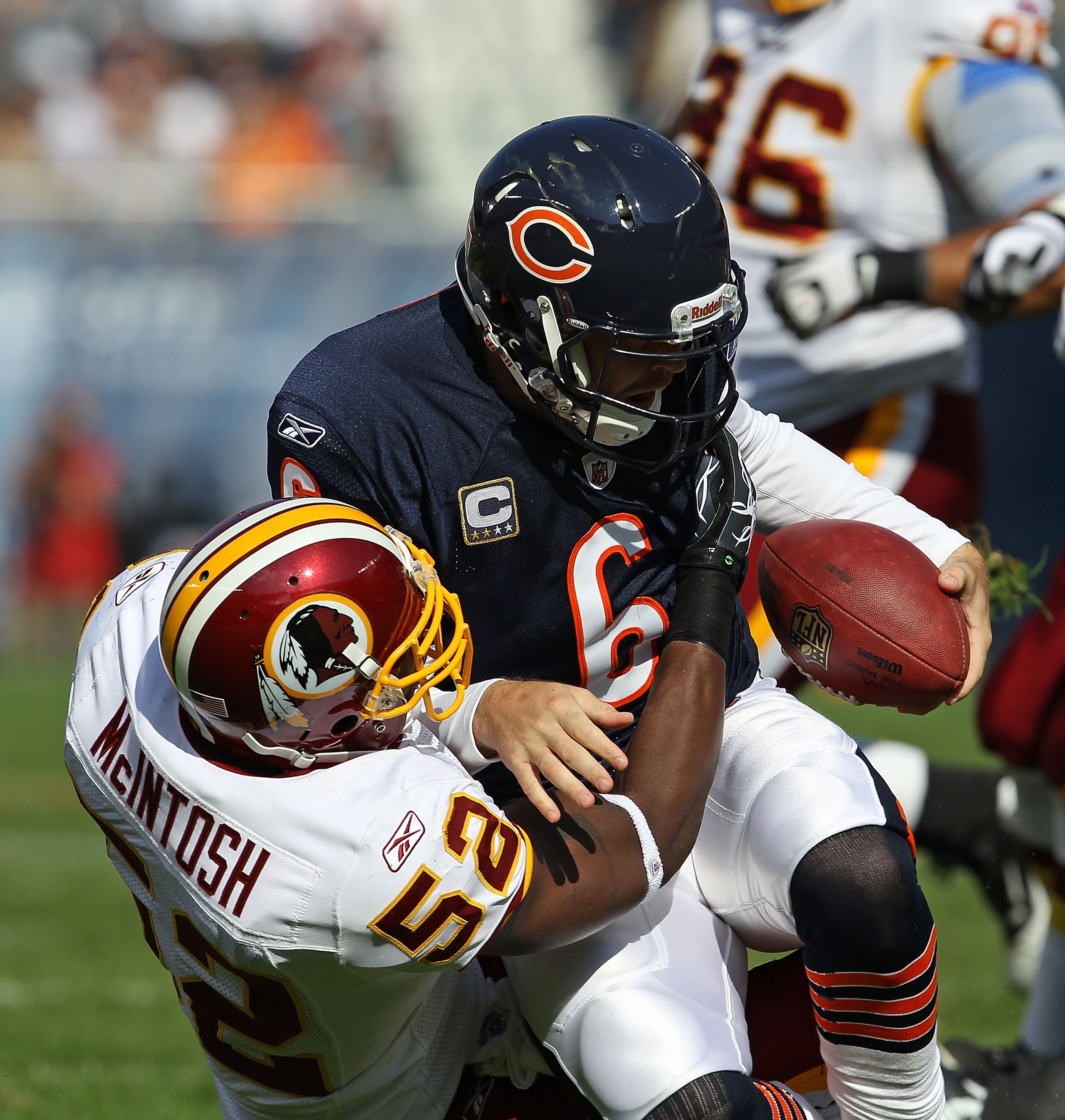 CHICAGO - OCTOBER 24: Jay Cutler #6 of the Chicago Bears is sacked by Rocky McIntosh #52 of the Washington Redskins at Soldier Field on October 24, 2010 in Chicago, Illinois. (Photo by Jonathan Daniel/Getty Images)