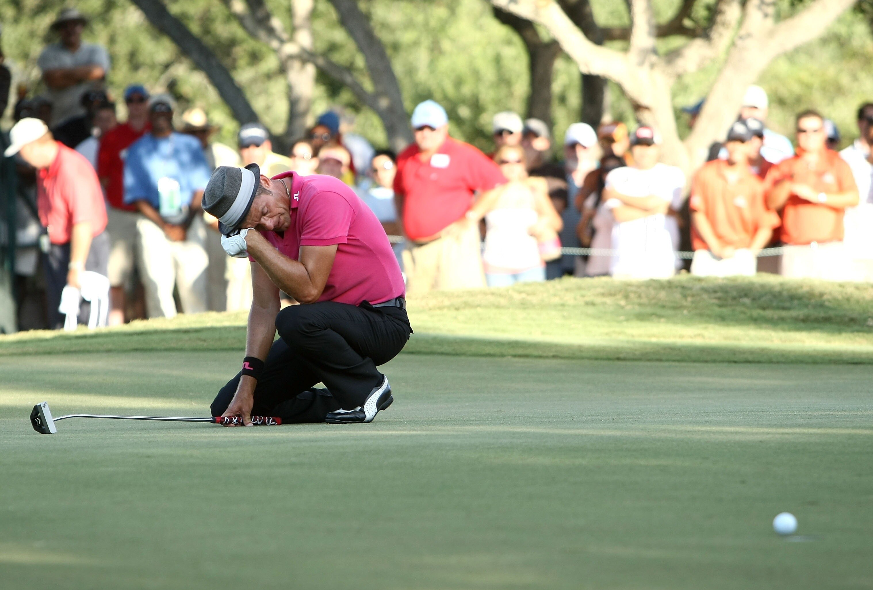 SAN ANTONIO - OCTOBER 7:  Jesper Parnevik of Sweden reacts to missing a birdie putt on the 16th hole, the third playoff hole, during the final round of the Valero Texas Open at LaCantera Golf Club October 7, 2007 in San Antonio, Texas.  (Photo by Jonathan