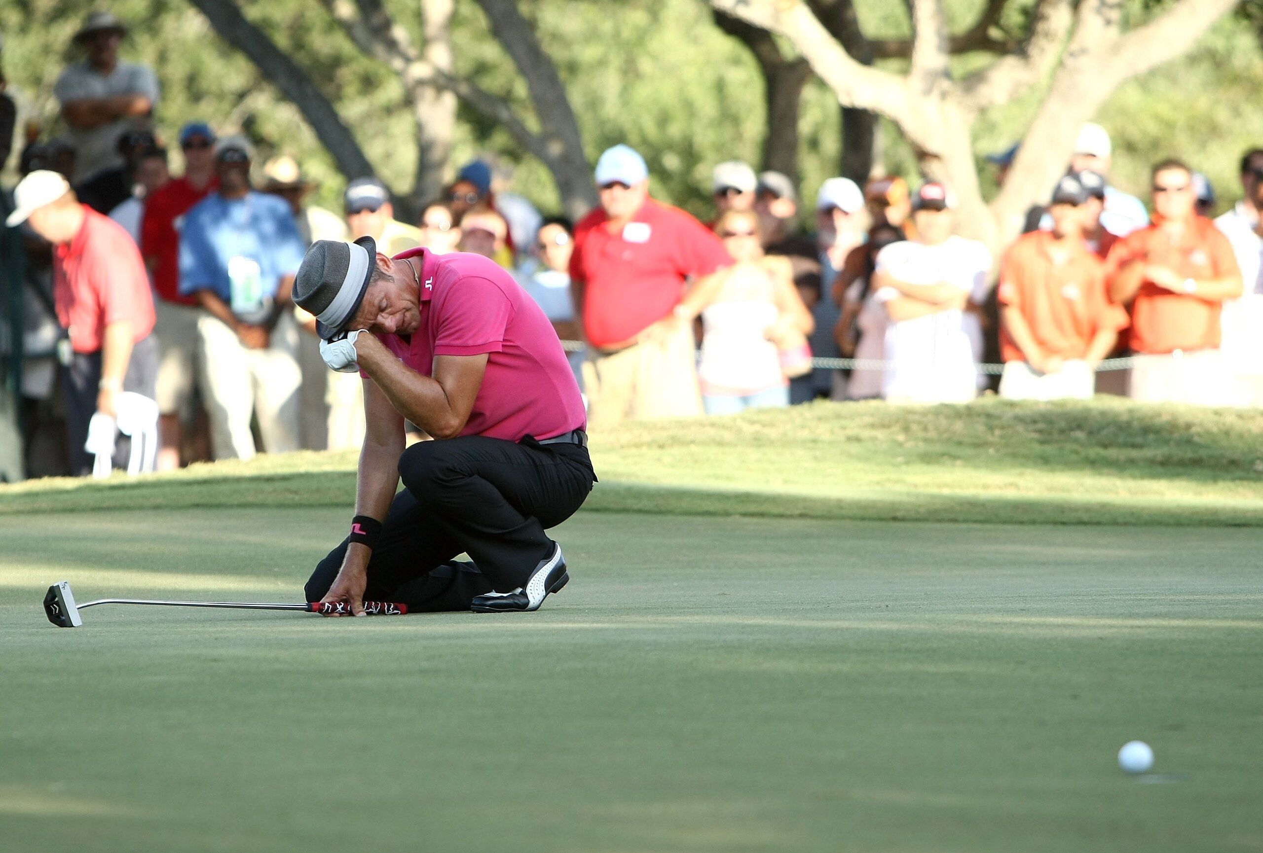SAN ANTONIO - OCTOBER 7:  Jesper Parnevik of Sweden reacts to missing a birdie putt on the 16th hole, the third playoff hole, during the final round of the Valero Texas Open at LaCantera Golf Club October 7, 2007 in San Antonio, Texas.  (Photo by Jonathan