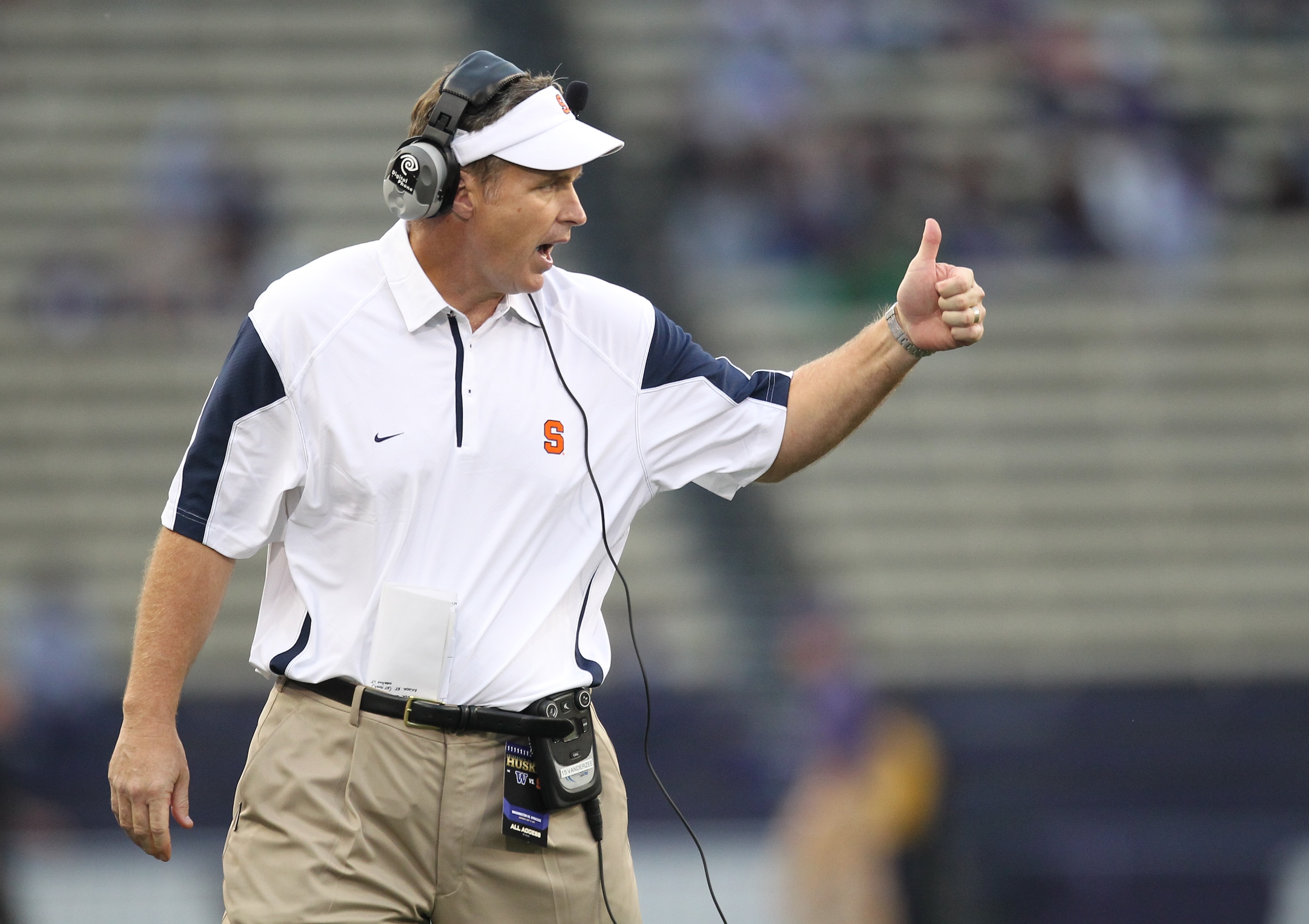 SEATTLE - SEPTEMBER 11:  Head coach Doug Marrone of the Syracuse Orange gestures during the game against the Washington Huskies on September 11, 2010 at Husky Stadium in Seattle, Washington. (Photo by Otto Greule Jr/Getty Images)