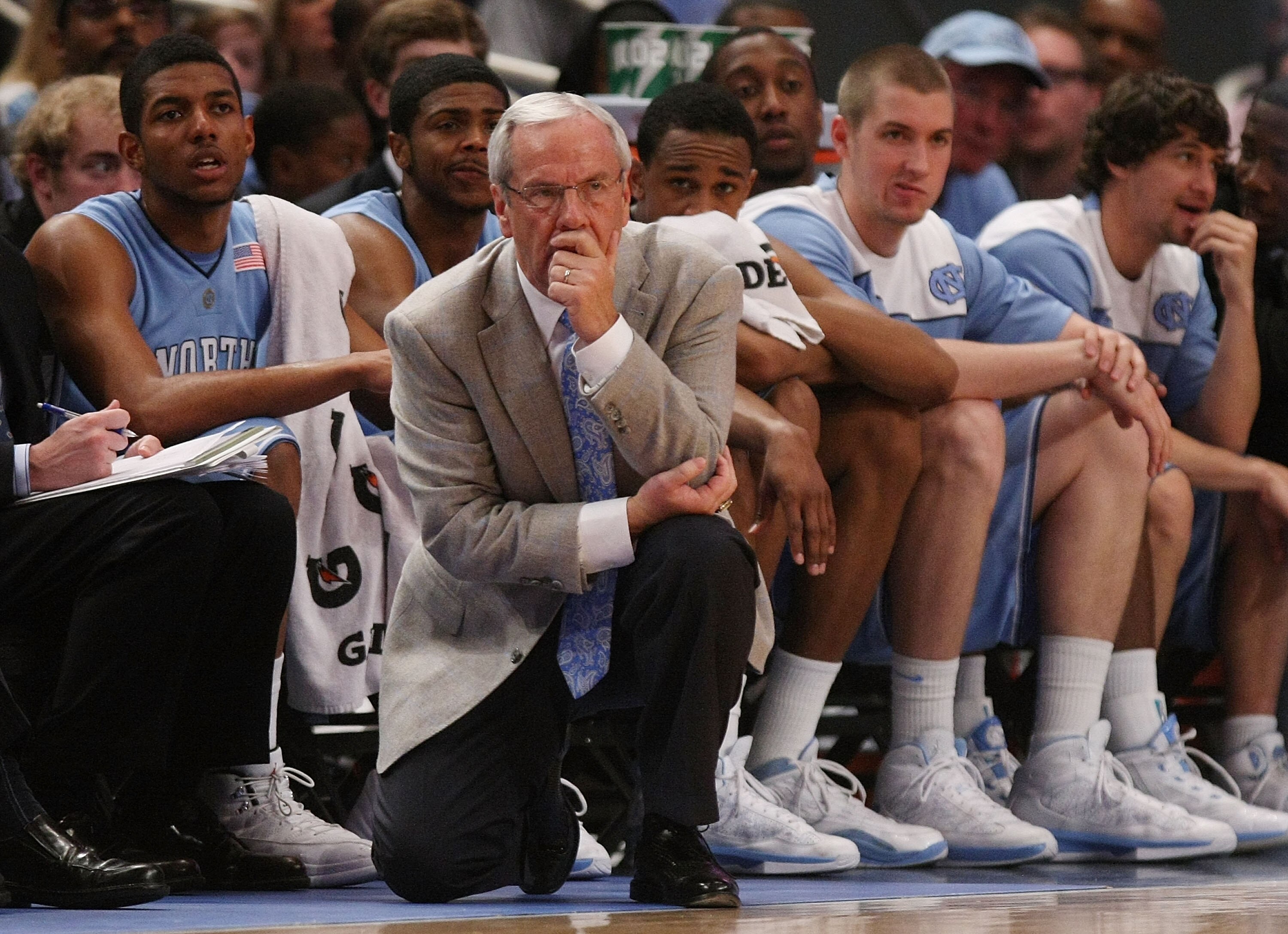 NEW YORK - APRIL 01: Head coach of the North Carolina Tar Heels, Roy Williams watches on against the Dayton Flyers during the 2010 NIT Championship Game at Madison Square Garden on April 1, 2010 in New York, New York.  (Photo by Nick Laham/Getty Images)