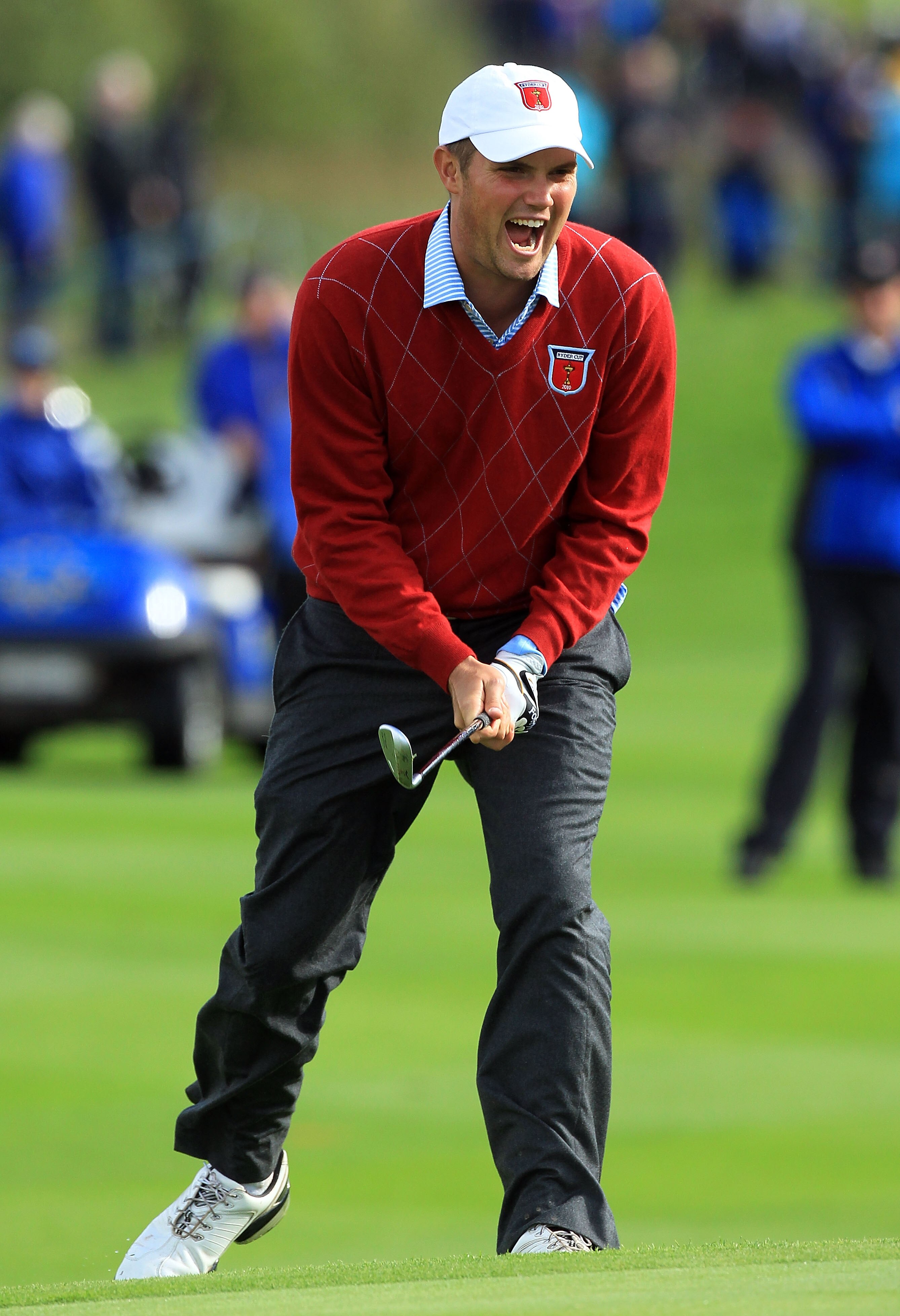 NEWPORT, WALES - OCTOBER 03:  Jeff Overton of the USA reacts to a near miss on the 11th green during the  Fourball & Foursome Matches during the 2010 Ryder Cup at the Celtic Manor Resort on October 3, 2010 in Newport, Wales.  (Photo by David Cannon/Getty