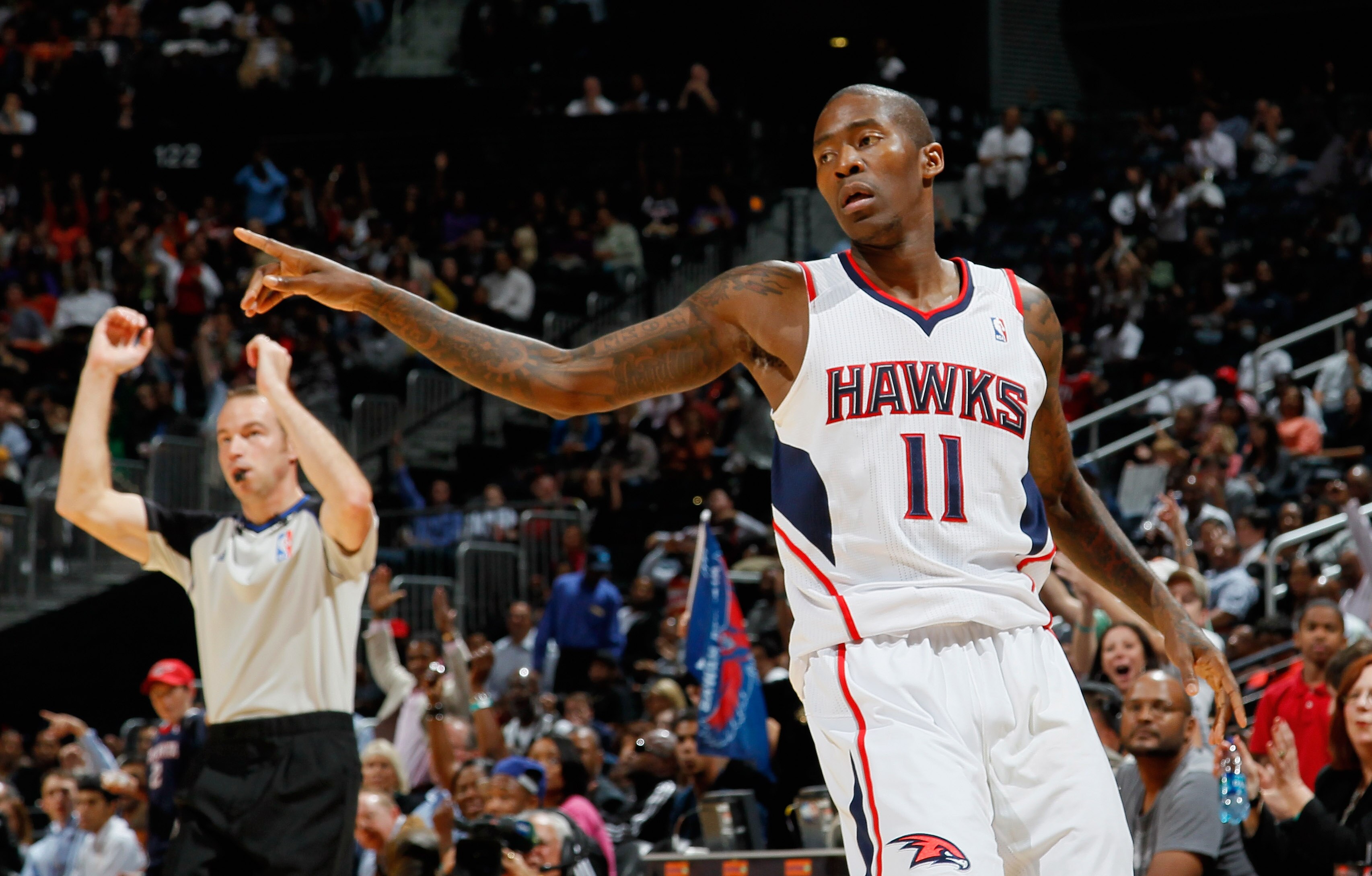 ATLANTA - OCTOBER 21:  Jamal Crawford #11 of the Atlanta Hawks reacts after hitting a three-point basket against the Miami Heat at Philips Arena on October 21, 2010 in Atlanta, Georgia.  (Photo by Kevin C. Cox/Getty Images)