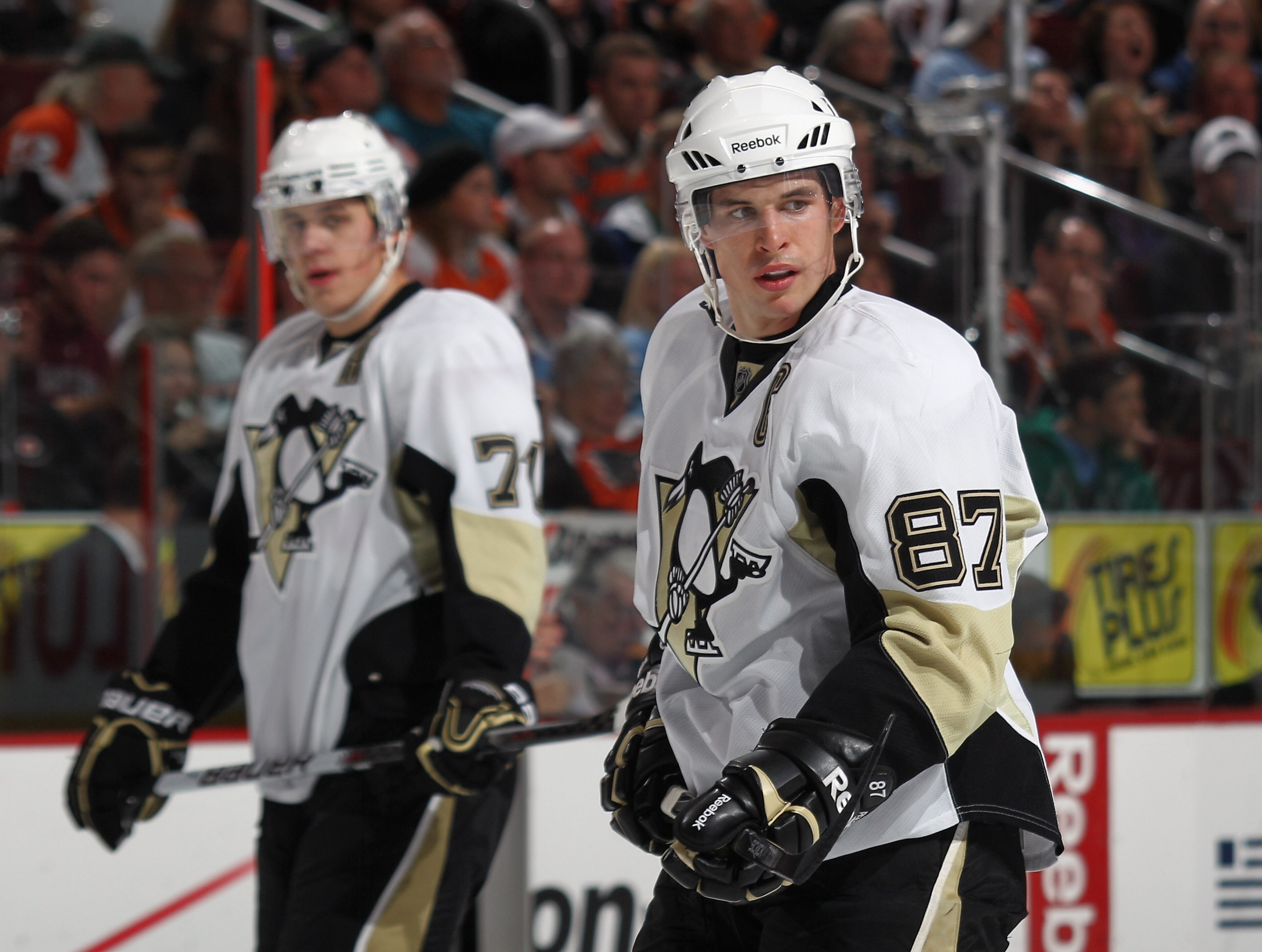PHILADELPHIA - OCTOBER 16: (L-R) Evgeni Malkin #71 and Sidney Crosby #87 of the Pittsburgh Penguins skate against the Philadelphia Flyers at the Wells Fargo Center on October 16, 2010 in Philadelphia, Pennsylvania. (Photo by Bruce Bennett/Getty Images) PHILADELPHIA - OCTOBER 16: (L-R) Evgeni Malkin #71 and Sidney Crosby #87 of the Pittsburgh Penguins skate against the Philadelphia Flyers at the Wells Fargo Center on October 16, 2010 in Philadelphia, Pennsylvania. (Photo by Bruce Bennett/Getty Images)