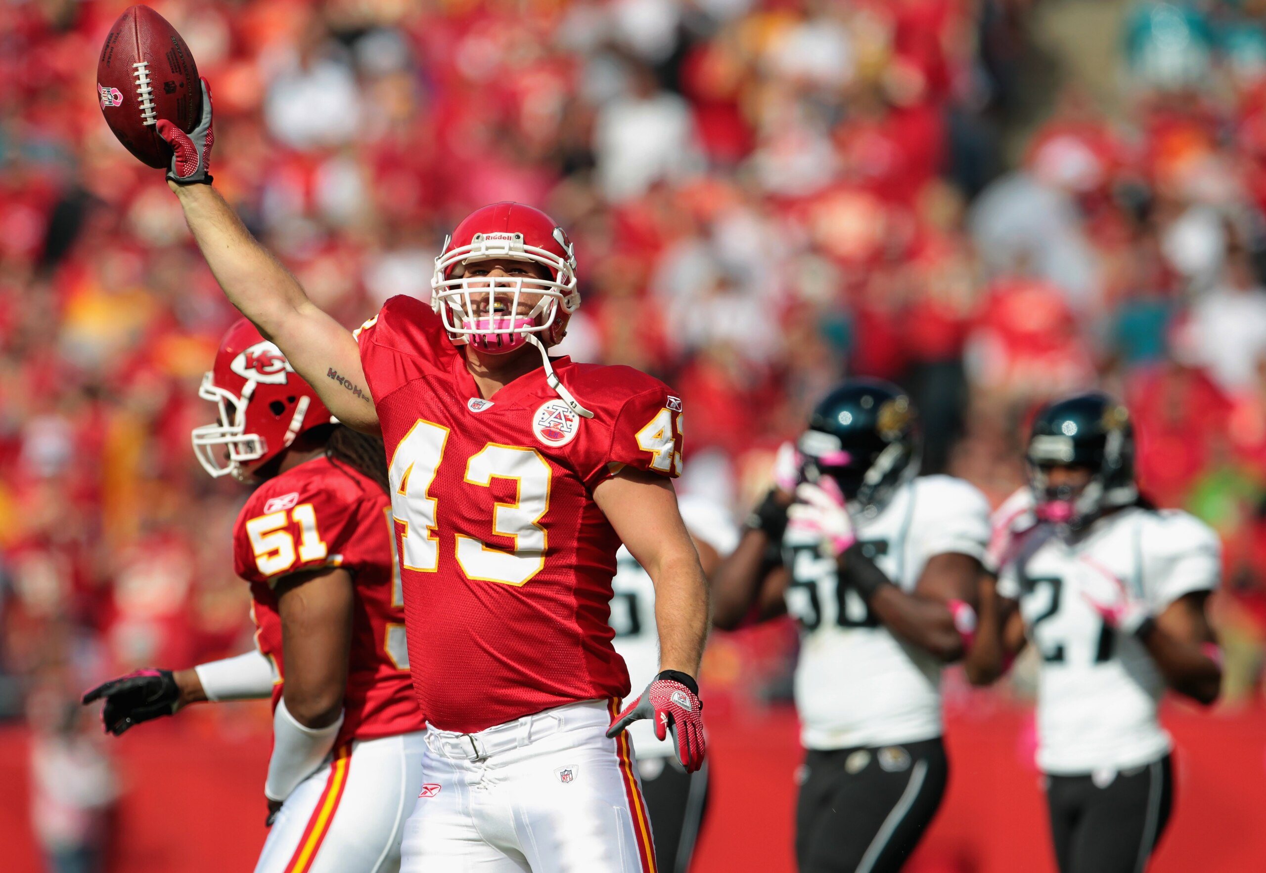 KANSAS CITY, MO - OCTOBER 24:  Thomas Gafford #43 of the Kansas City Chiefs celebrates after recovering a fumble during the game against the Jacksonville Jaguars on October 24, 2010 at Arrowhead Stadium in Kansas City, Missouri.  (Photo by Jamie Squire/Ge