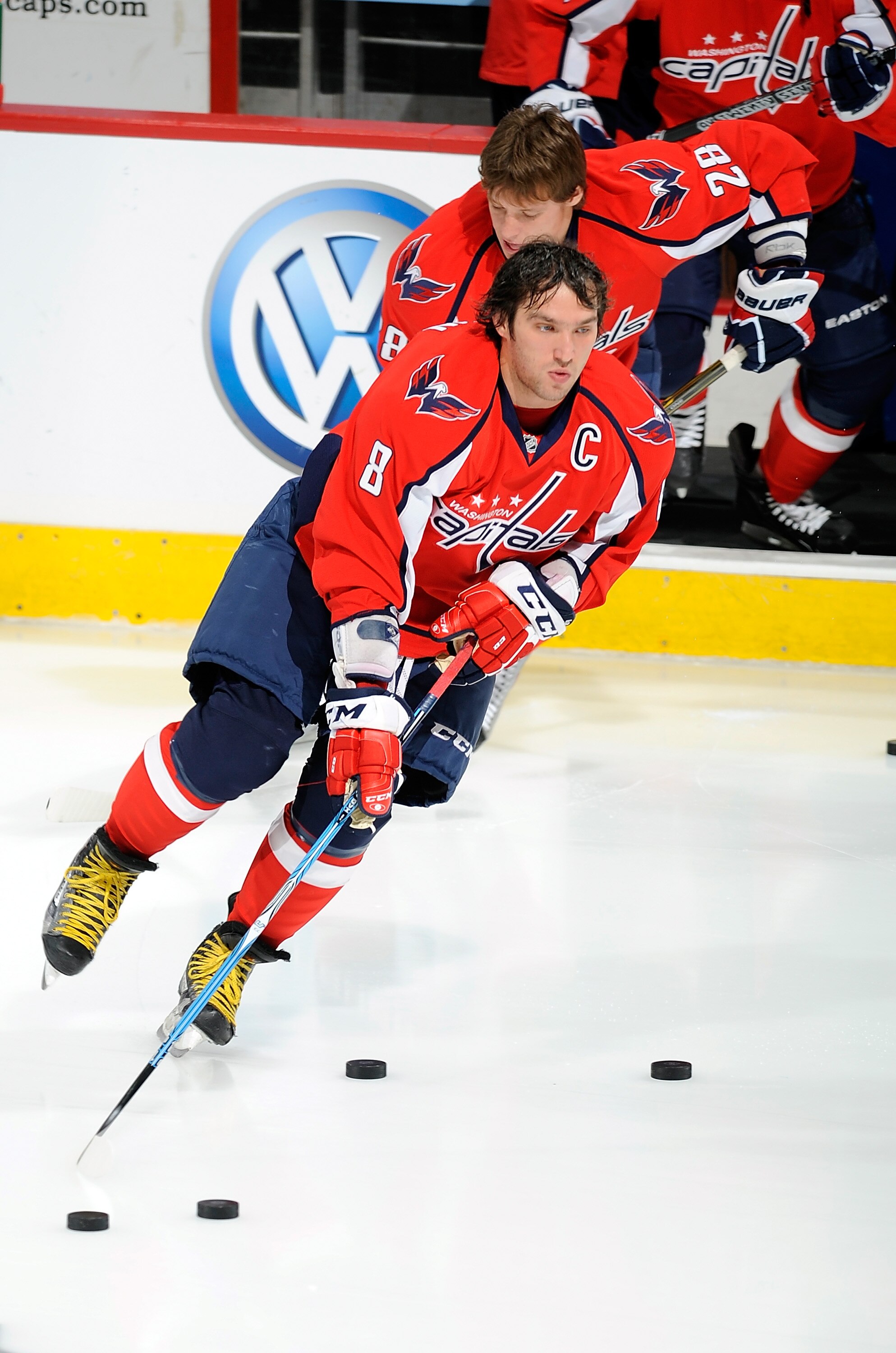 WASHINGTON - OCTOBER 19:  Alex Ovechkin #8 and Alexander Semin #28 of the Washington Capitals skate onto the ice before the game against the Boston Bruins at the Verizon Center on October 19, 2010 in Washington, DC.  (Photo by Greg Fiume/Getty Images)