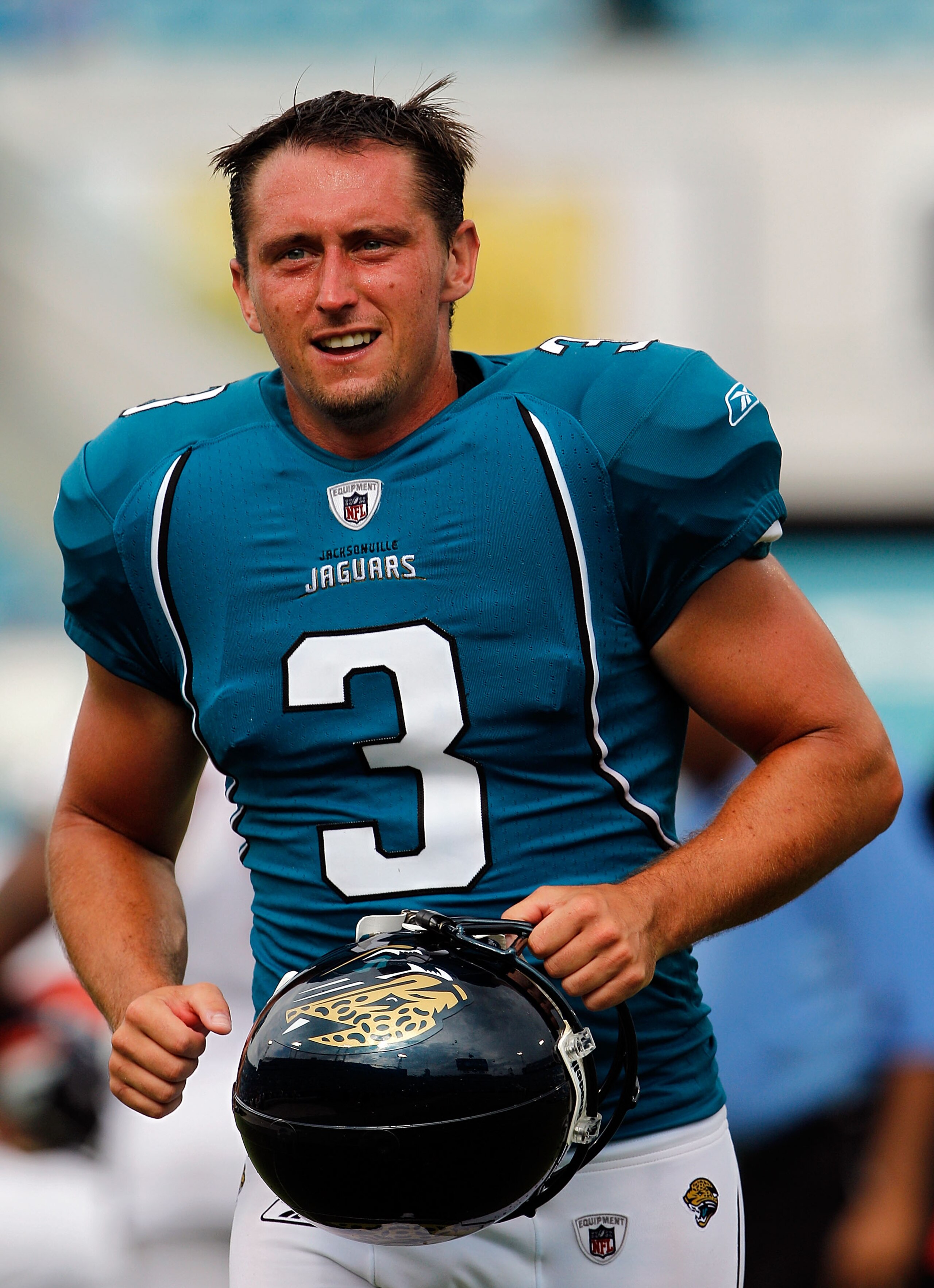 JACKSONVILLE, FL - SEPTEMBER 12:  Punter Adam Podlesh #3 of the Jacksonville Jaguars smiles after a victory following the NFL season opener game against the Denver Broncos at EverBank Field on September 12, 2010 in Jacksonville, Florida.  (Photo by Sam Gr