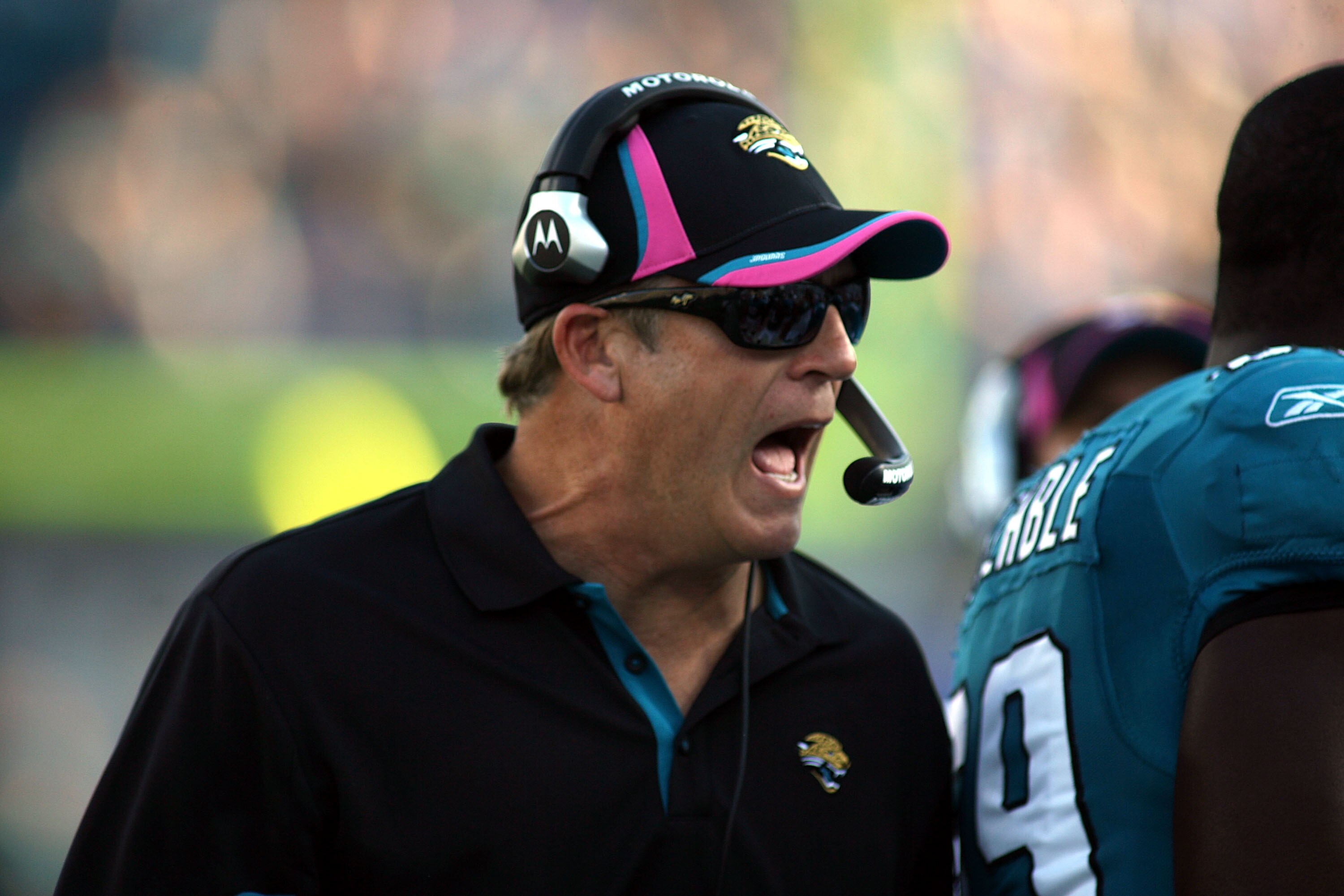 JACKSONVILLE, FL - OCTOBER 03:  Head coach Jack Del Rioof the Jacksonville Jaguars shouts against the Indianapolis Colts at EverBank Field on October 3, 2010 in Jacksonville, Florida. The Jaguars won 31-28.  (Photo by Marc Serota/Getty Images)