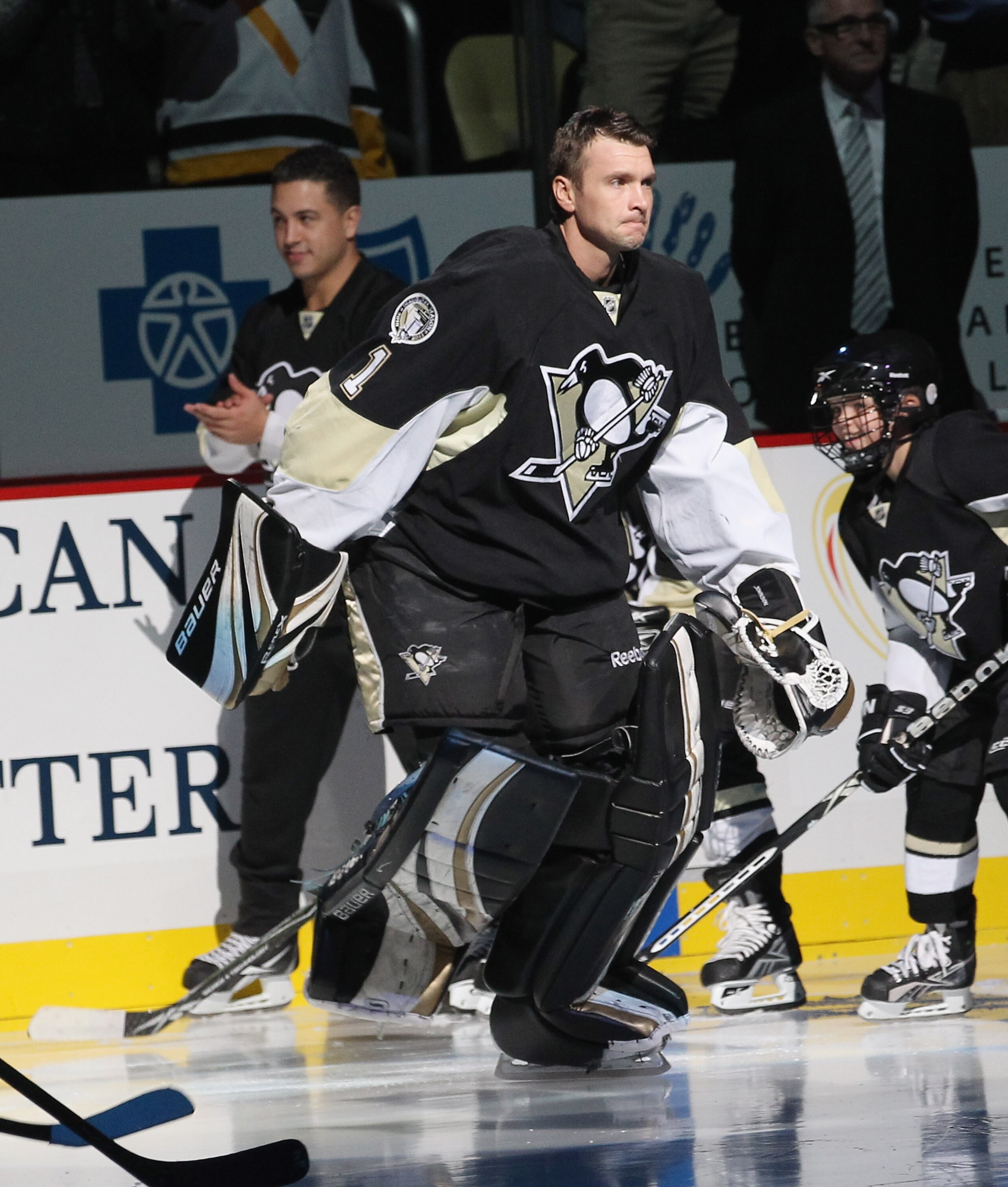 PITTSBURGH - OCTOBER 07: Brent Johnson #1 of the Pittsburgh Penguins skates out for the arena opening game against the Philadelphia Flyers at the Consol Energy Center on October 7, 2010 in Pittsburgh, Pennsylvania.  (Photo by Bruce Bennett/Getty Images)