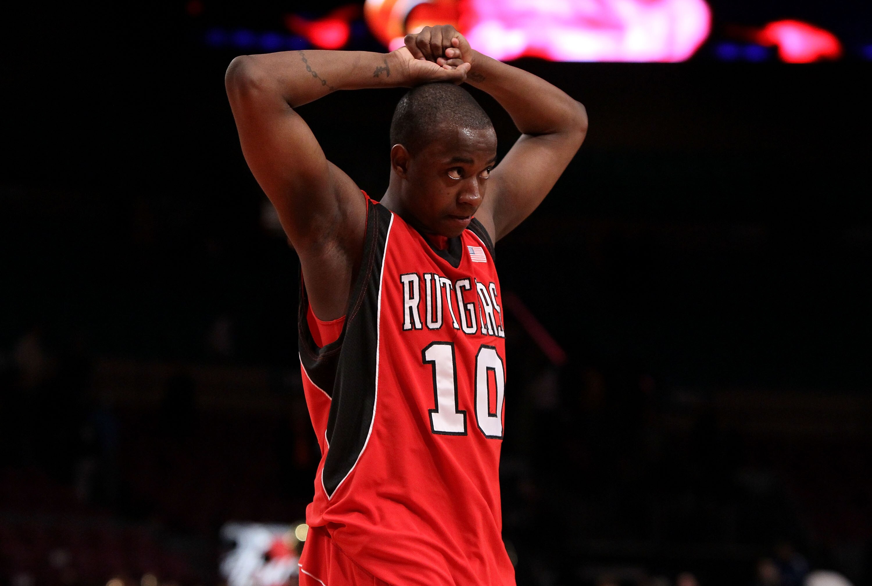 NEW YORK - MARCH 09:  James Beatty #10 of the Rutgers Scarlet Knights reacts after losing to the Cincinnati Bearcats during the first round game of the Big East Basketball Tournament at Madison Square Garden on March 9, 2010 in New York, New York.  (Photo