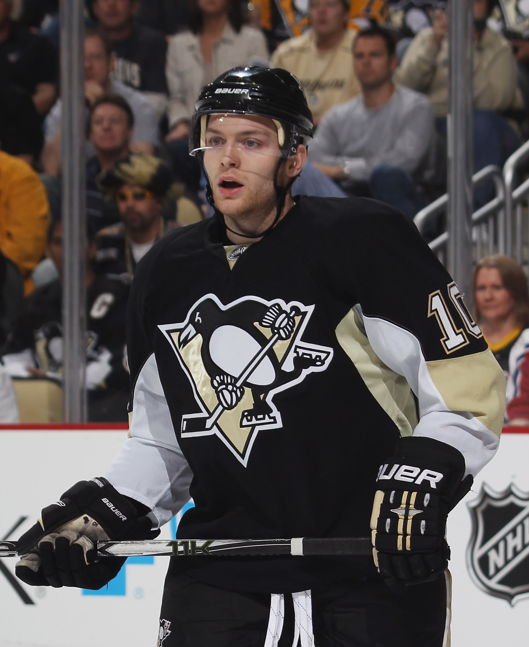PITTSBURGH - OCTOBER 07:  Mark Letestu #10 of the Pittsburgh Penguins skates against the Philadelphia Flyers at the Consol Energy Center on October 7, 2010 in Pittsburgh, Pennsylvania.  (Photo by Bruce Bennett/Getty Images)