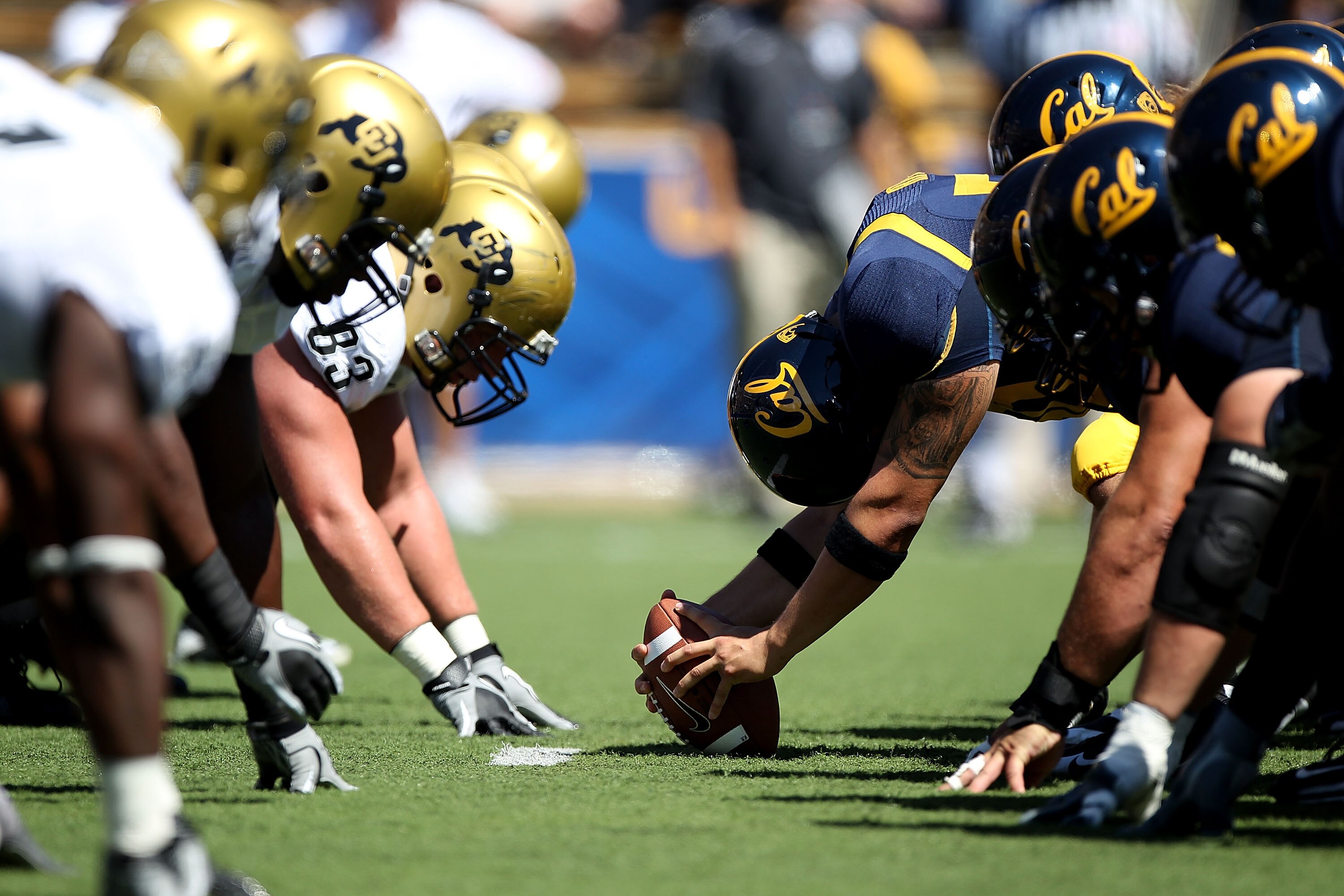 BERKELEY, CA - SEPTEMBER 11: Members of the California Golden Bears line up against the Colorado Buffaloes at California Memorial Stadium on September 11, 2010 in Berkeley, California. (Photo by Jed Jacobsohn/Getty Images)