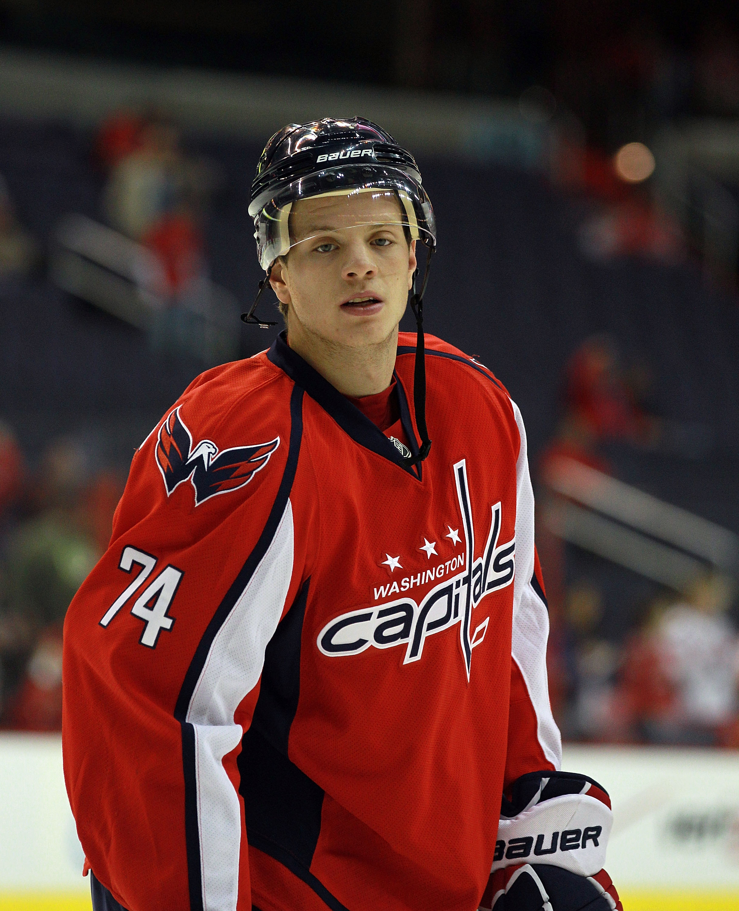 WASHINGTON - OCTOBER 13:  John Carlson #74 of the Washington Capitals skates against the New York Islanders at the Verizon Center on October 13, 2010 in Washington, DC.  (Photo by Bruce Bennett/Getty Images)