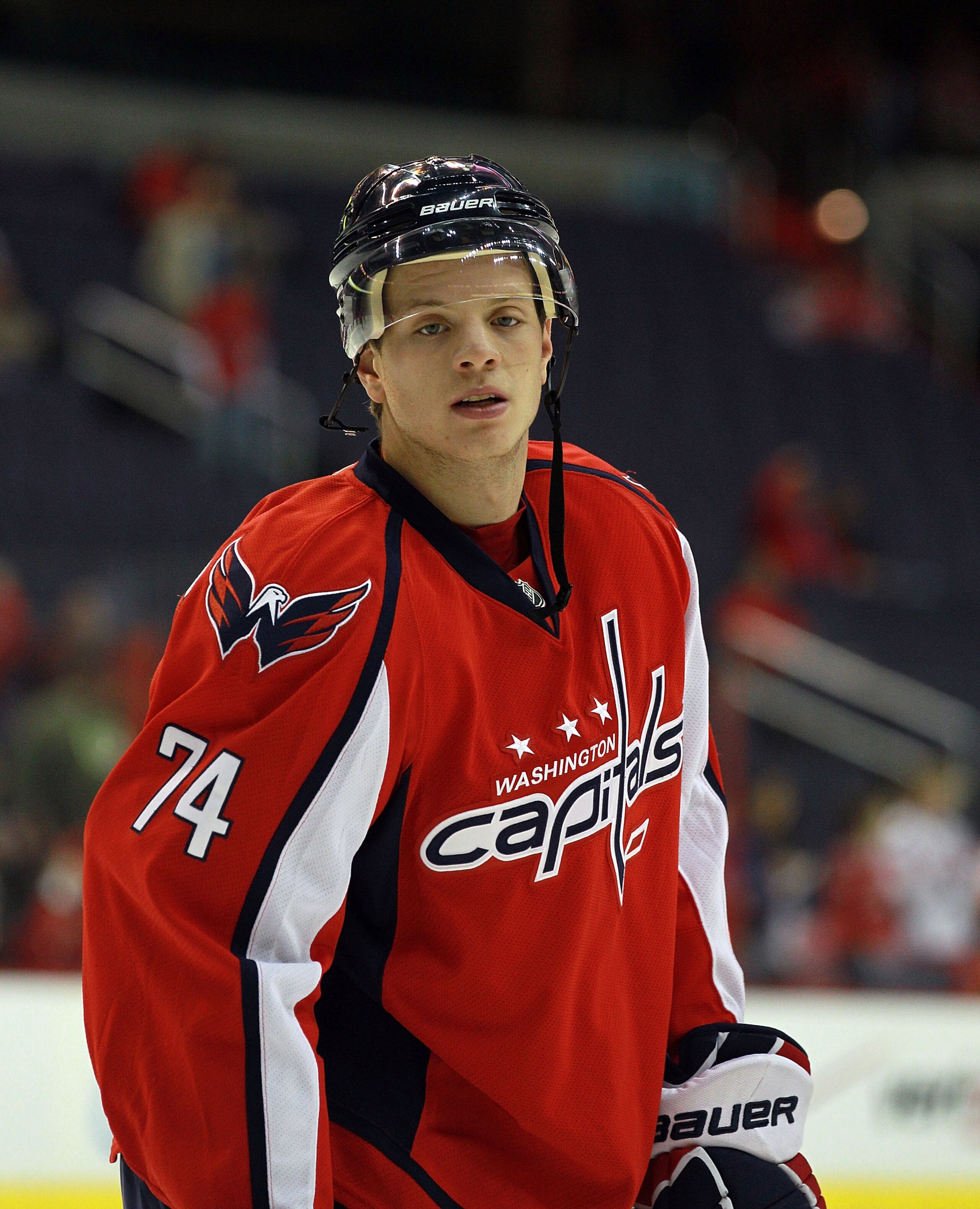 WASHINGTON - OCTOBER 13:  John Carlson #74 of the Washington Capitals skates against the New York Islanders at the Verizon Center on October 13, 2010 in Washington, DC.  (Photo by Bruce Bennett/Getty Images)