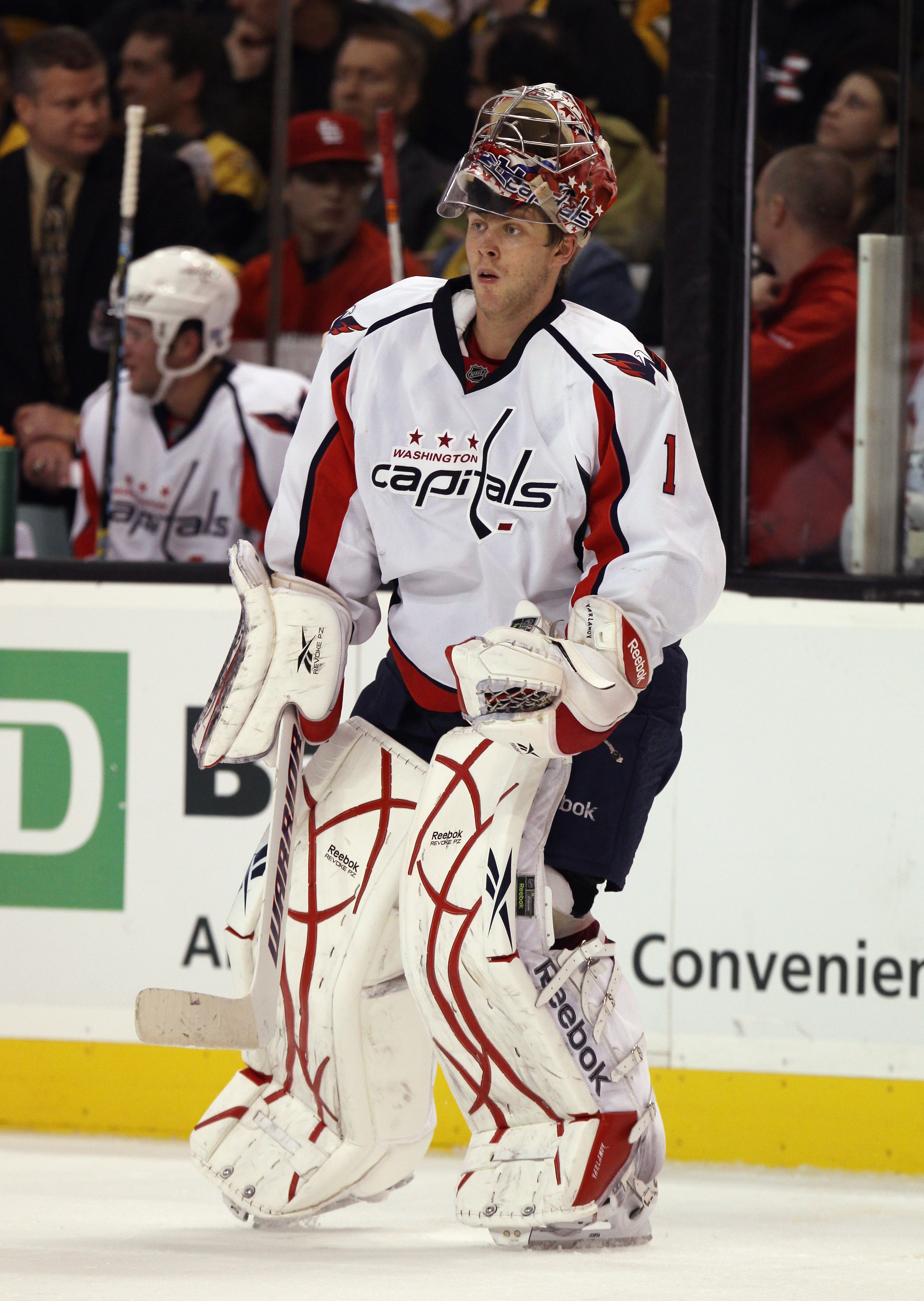 BOSTON - OCTOBER 21:  Semyon Varlamov #1 of the Washington Capitals skates against the Boston Bruins at the TD Garden on October 21, 2010 in Boston, Massachusetts.  (Photo by Bruce Bennett/Getty Images)