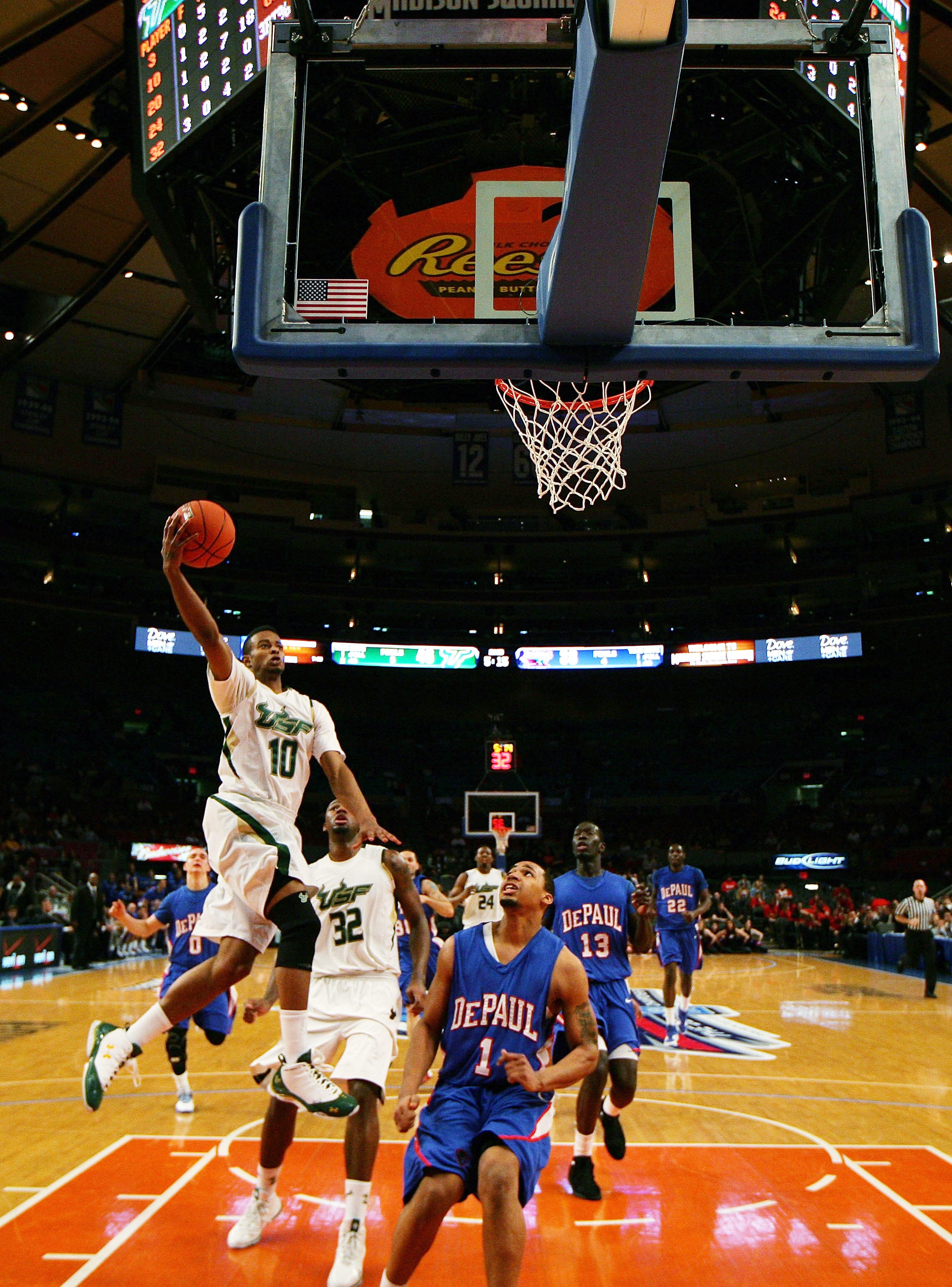 NEW YORK - MARCH 09: Anthony Crater #10 of the University of South Florida drives to the basket against DePaul University during the first round game of the Big East Basketball Tournament at Madison Square Garden on March 9, 2010 in New York City.  (Photo