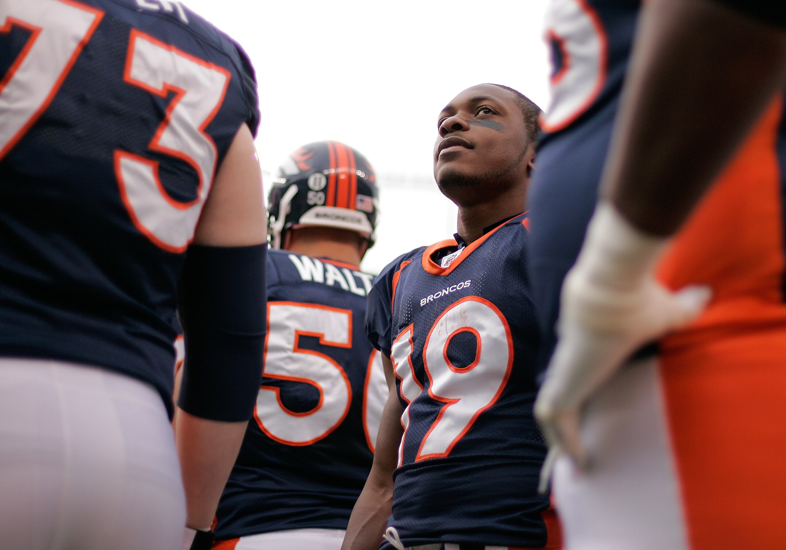 DENVER - OCTOBER 24:  Wide receiver Eddie Royal #19 of the Denver Broncos stands on the sidelines with teammates during a game against the Oakland Raiders at INVESCO Field at Mile High on October 24, 2010 in Denver, Colorado. (Photo by Justin Edmonds/Gett