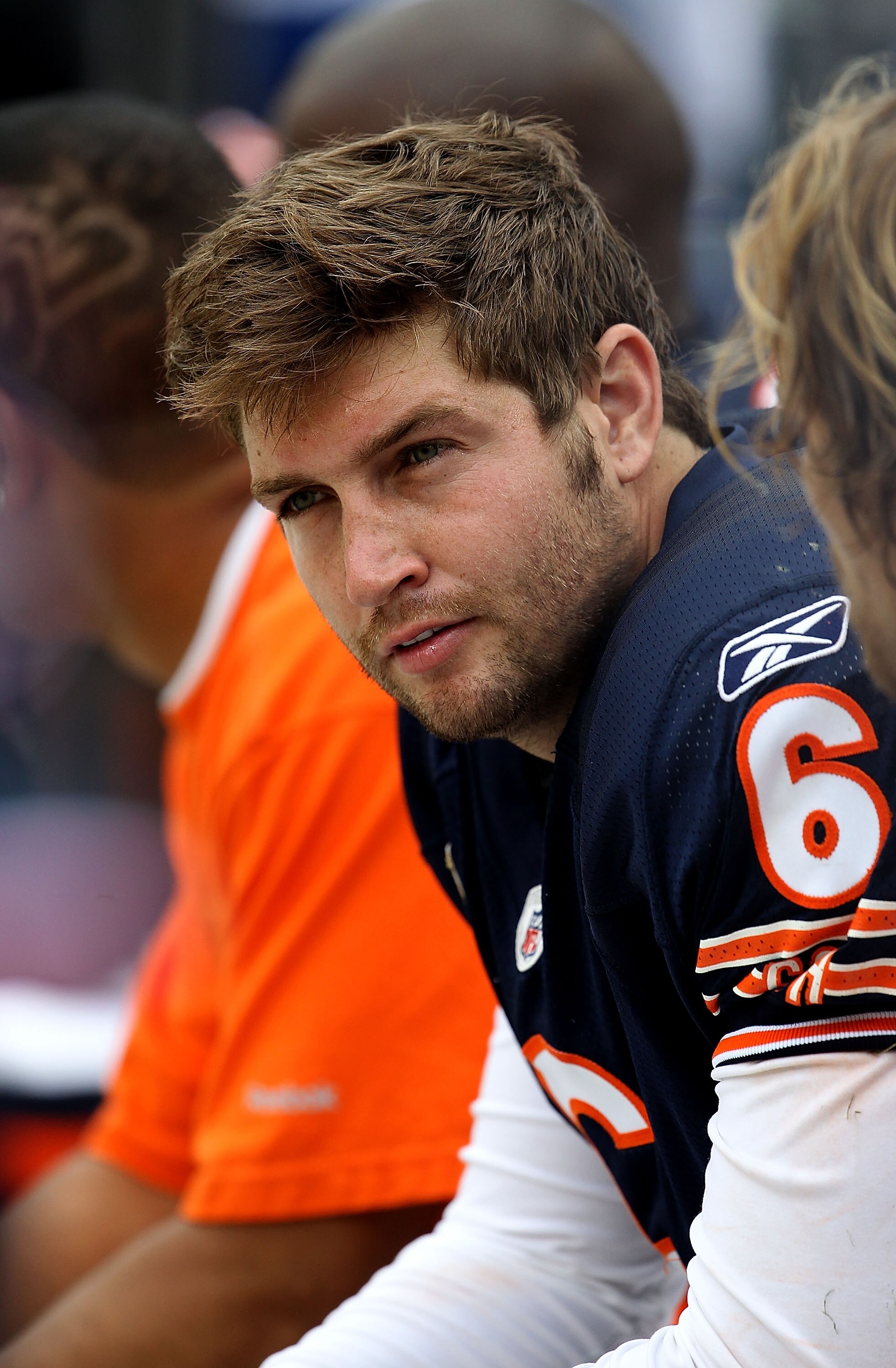 CHICAGO - OCTOBER 24: Jay Cutler #6 of the Chicago Bears sits on the bench with teammates at the end of a game against the Washington Redskins at Soldier Field on October 24, 2010 in Chicago, Illinois. The Redskins defeated the Bears 17-14. (Photo by Jona