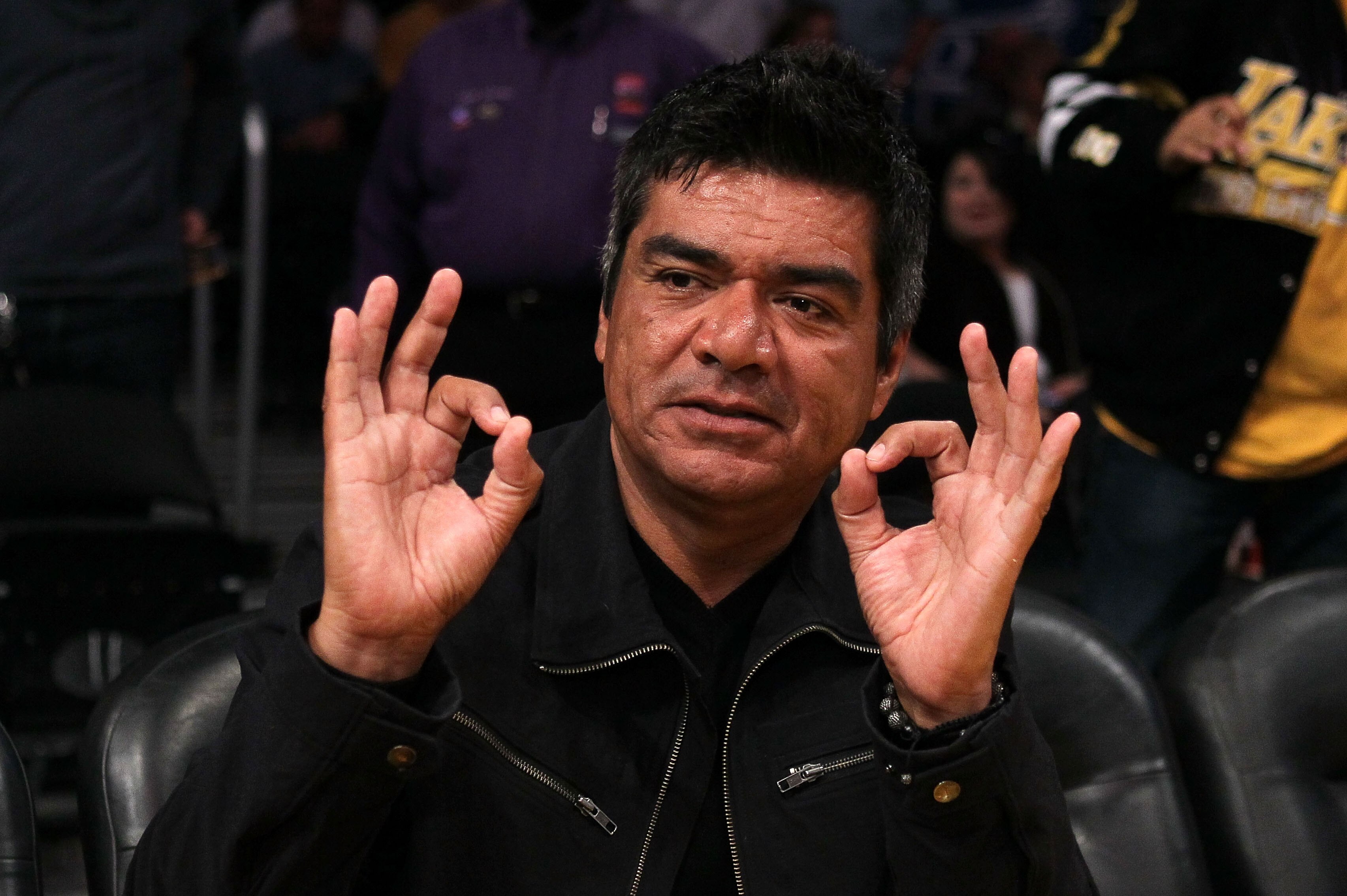 LOS ANGELES, CA - MAY 04:  Actor/comedian George Lopez reacts before Game Two of the Western Conference Semifinals of the 2010 NBA Playoffs between the Los Angeles Lakers and Utah Jazz at Staples Center on May 4, 2010 in Los Angeles, California.  (Photo b