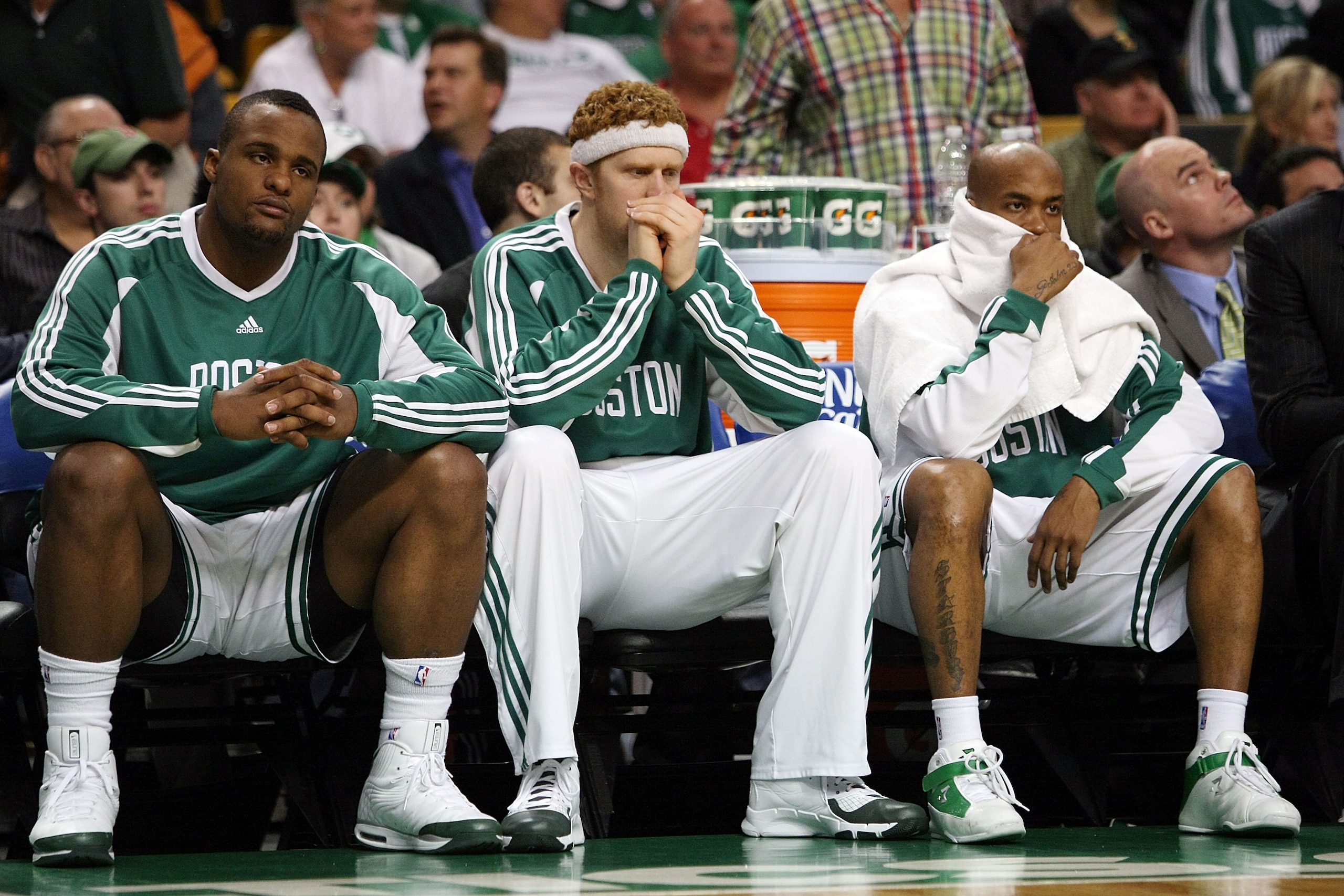 BOSTON - MAY 17: Glen Davis #11, Brian Scalabrine #44 and Stephon Marbury #8 of the Boston Celtics watch from the bench as the Orlando Magic win Game Seven of the Eastern Conference Semifinals during the 2009 NBA Playoffs at TD Banknorth Garden on May 1 BOSTON - MAY 17: Glen Davis #11, Brian Scalabrine #44 and Stephon Marbury #8 of the Boston Celtics watch from the bench as the Orlando Magic win Game Seven of the Eastern Conference Semifinals during the 2009 NBA Playoffs at TD Banknorth Garden on May 1