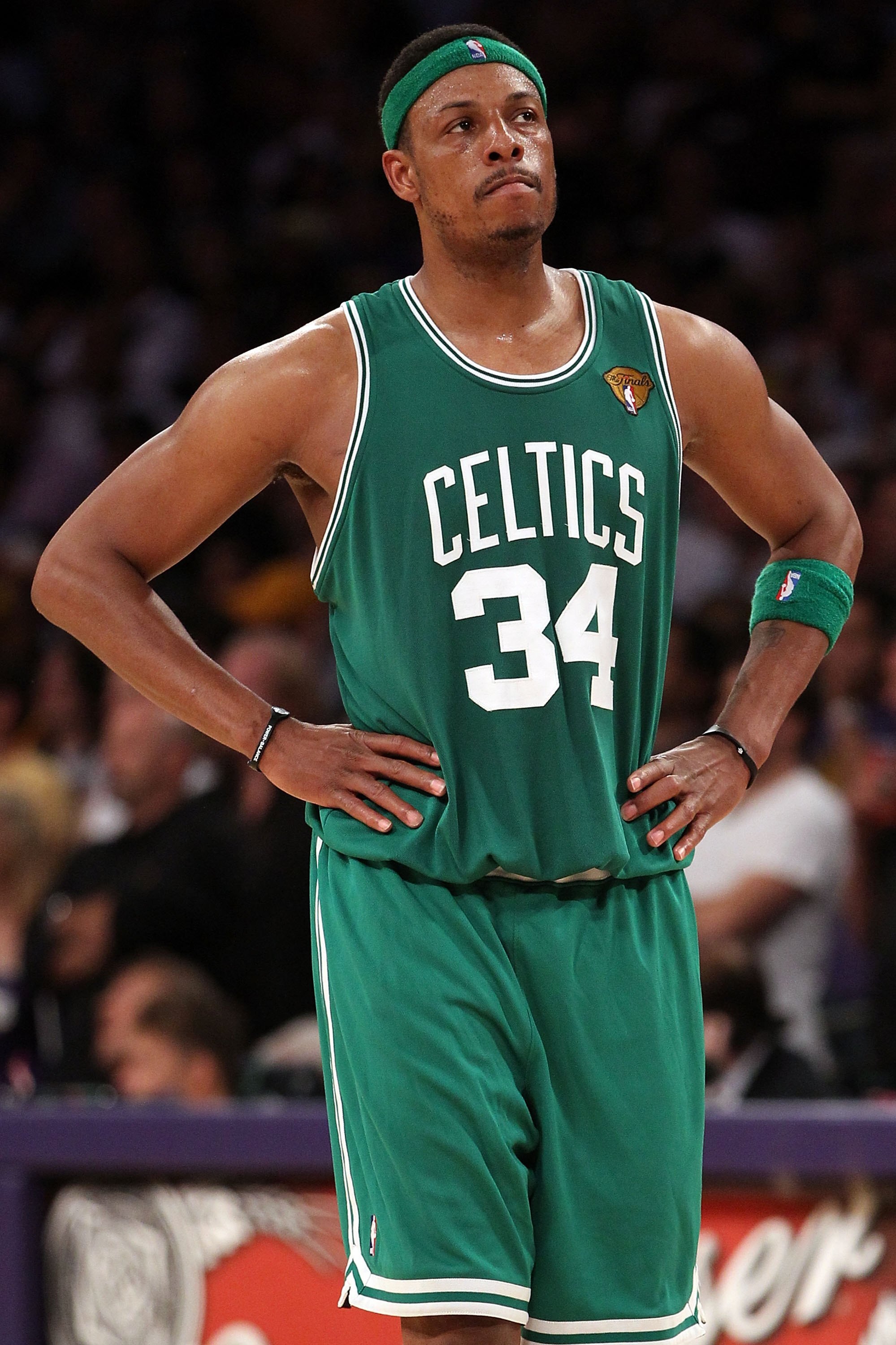 LOS ANGELES, CA - JUNE 17:  Paul Pierce #34 of the Boston Celtics reacts with taking on the Los Angeles Lakers in Game Seven of the 2010 NBA Finals at Staples Center on June 17, 2010 in Los Angeles, California.  NOTE TO USER: User expressly acknowledges a