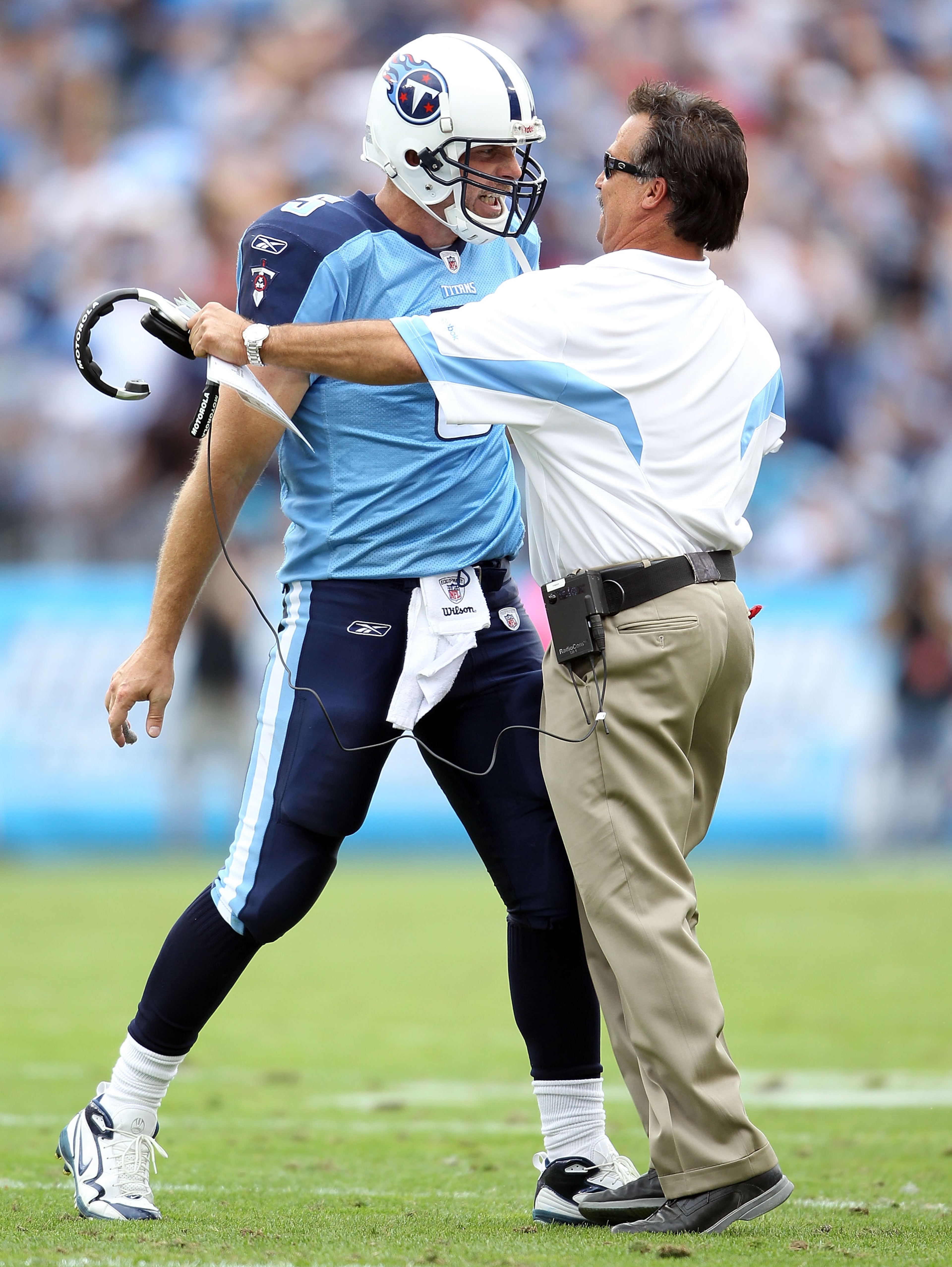 NASHVILLE, TN - OCTOBER 24: Kerry Collins #5 of the Tennessee Titans celebrates with Titans Head Coach Jeff Fisher after Collins threw a touchdown pass in the fourth quarter during the NFL game against the Philadelphia Eagles at LP Field on October 24, 2 NASHVILLE, TN - OCTOBER 24: Kerry Collins #5 of the Tennessee Titans celebrates with Titans Head Coach Jeff Fisher after Collins threw a touchdown pass in the fourth quarter during the NFL game against the Philadelphia Eagles at LP Field on October 24, 2