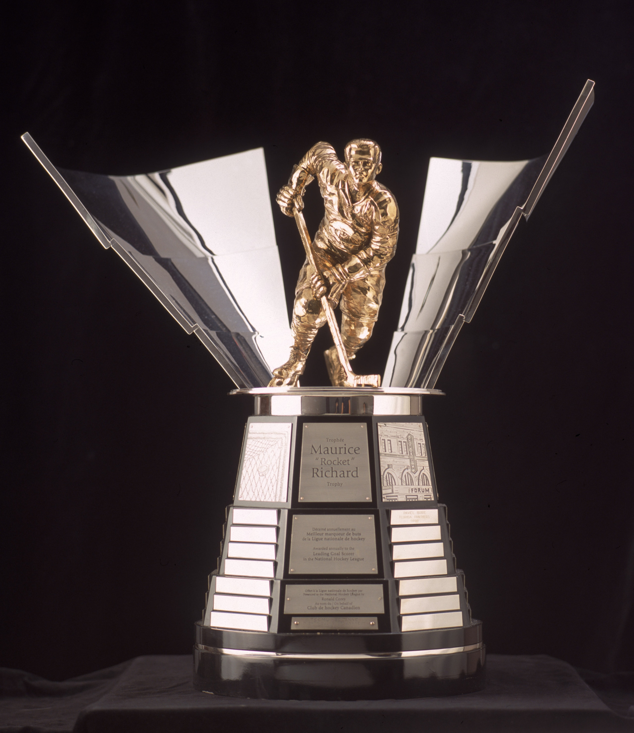 TORONTO - JANUARY 1: The Maurice Richard Trophy is presented yearly to the Top Goal Scorer in the National Hockey League as pictured on January 01, 2001. (Photo by Silva Pecota /Getty Images/NHLI) TORONTO - JANUARY 1: The Maurice Richard Trophy is presented yearly to the Top Goal Scorer in the National Hockey League as pictured on January 01, 2001. (Photo by Silva Pecota /Getty Images/NHLI)