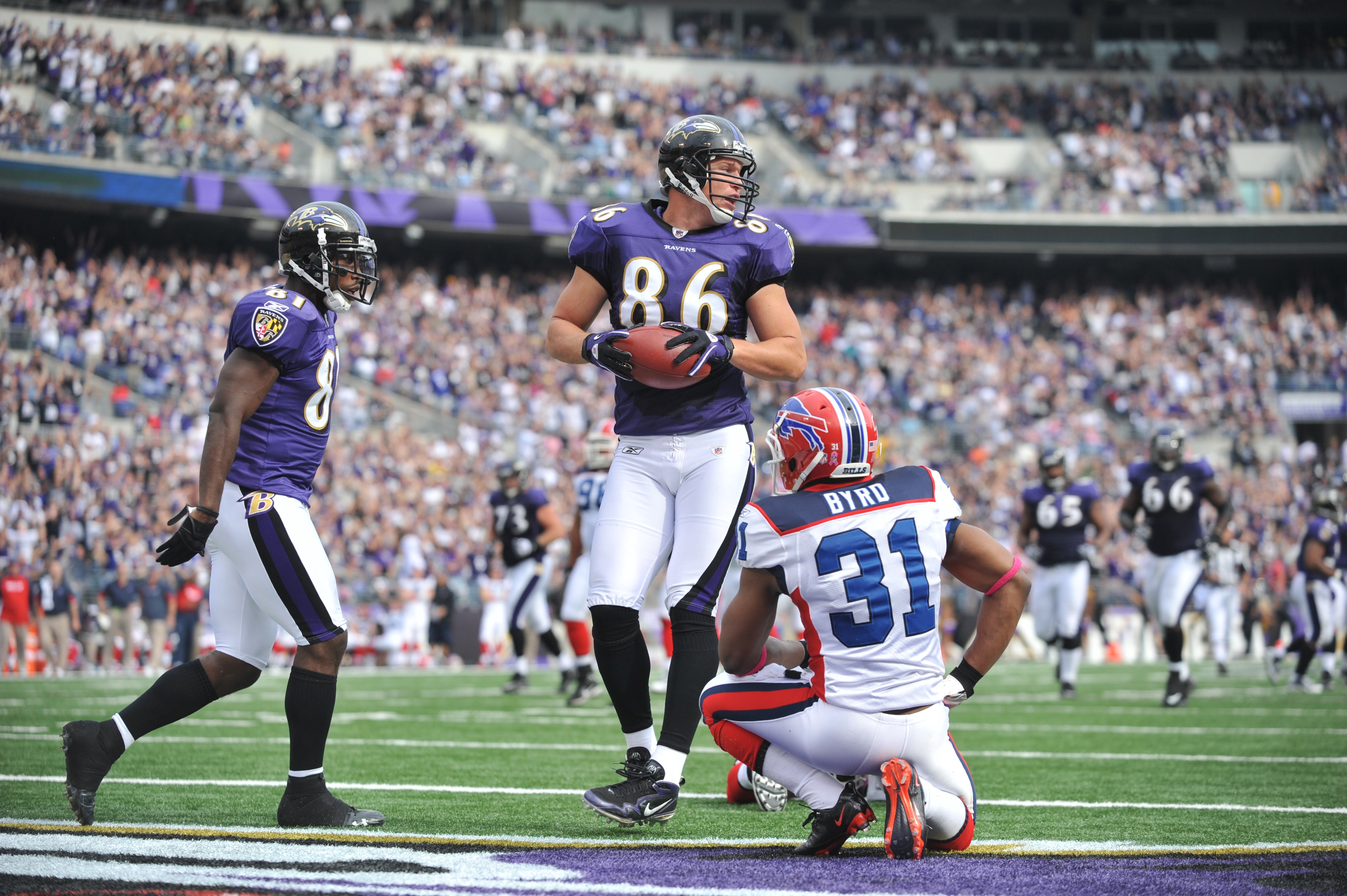BALTIMORE, MD - OCTOBER 24:  Todd Heap #86 of the Baltimore Ravens scores a touchdown against the Buffalo Bills at M&T Bank Stadium on October 24, 2010 in Baltimore, Maryland. The Bills lead the Ravens at the half 24-20. (Photo by Larry French/Getty Image
