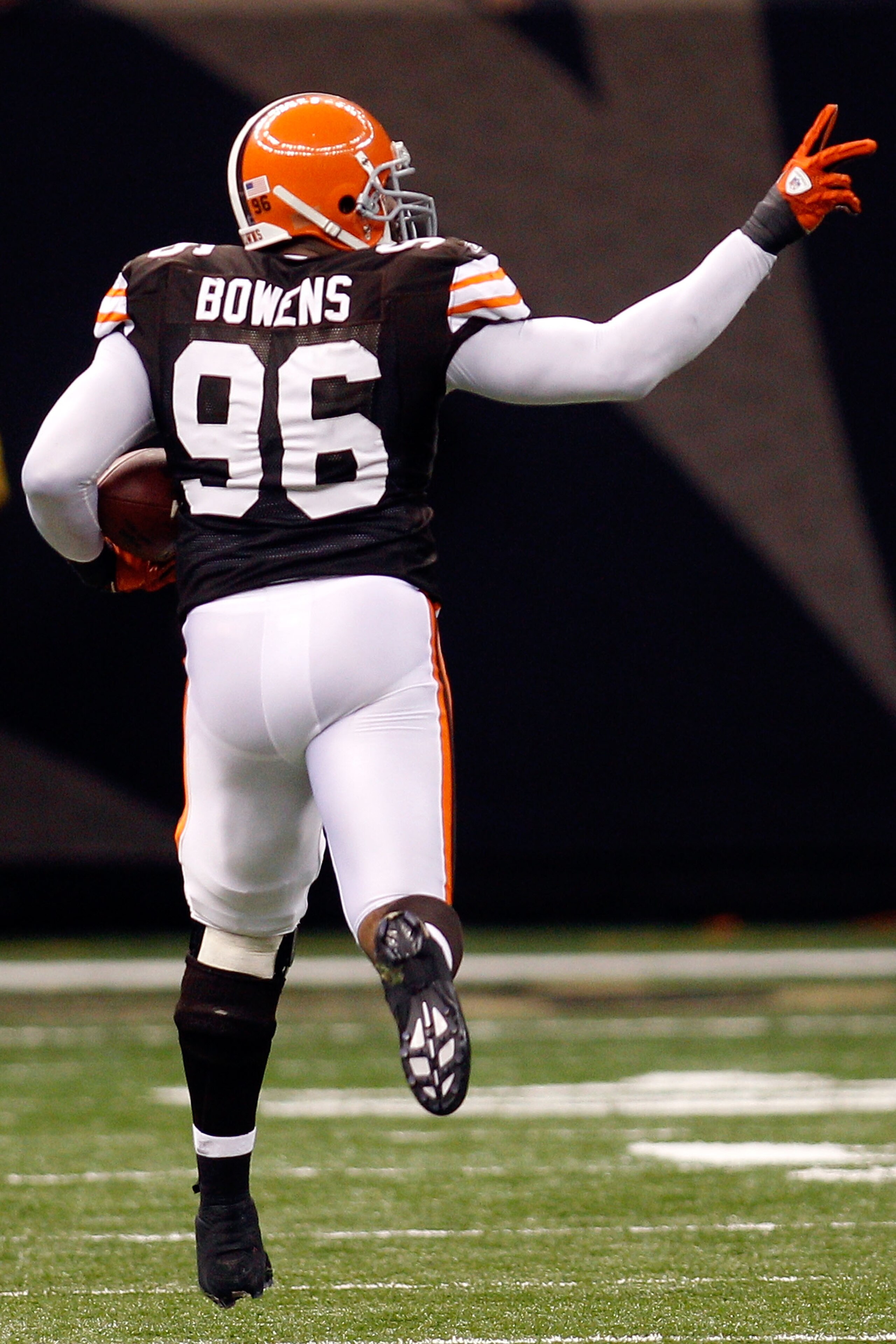 NEW ORLEANS - OCTOBER 24:  David Bowens #96 of the Cleveland Browns returns his second interception of the day for a touchdown against the New Orleans Saints at the Louisiana Superdome on October 24, 2010 in New Orleans, Louisiana.  (Photo by Chris Grayth