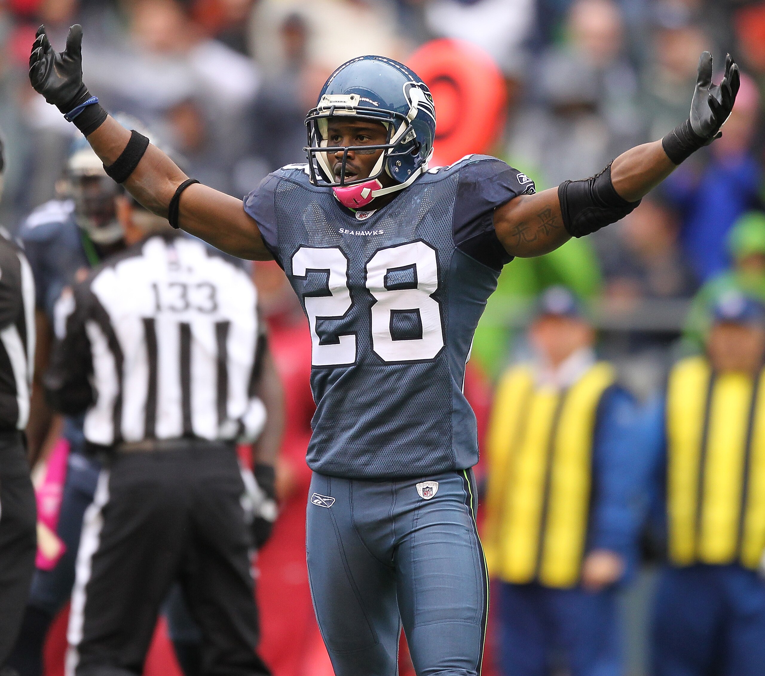 SEATTLE - OCTOBER 24:  Walter Thurmond #28 of the Seattle Seahawks reacts after the Seahawks recovered a fumble in the first half against the Arizona Cardinals at Qwest Field on October 24, 2010 in Seattle, Washington. The Seahawks defeated the Cardinals