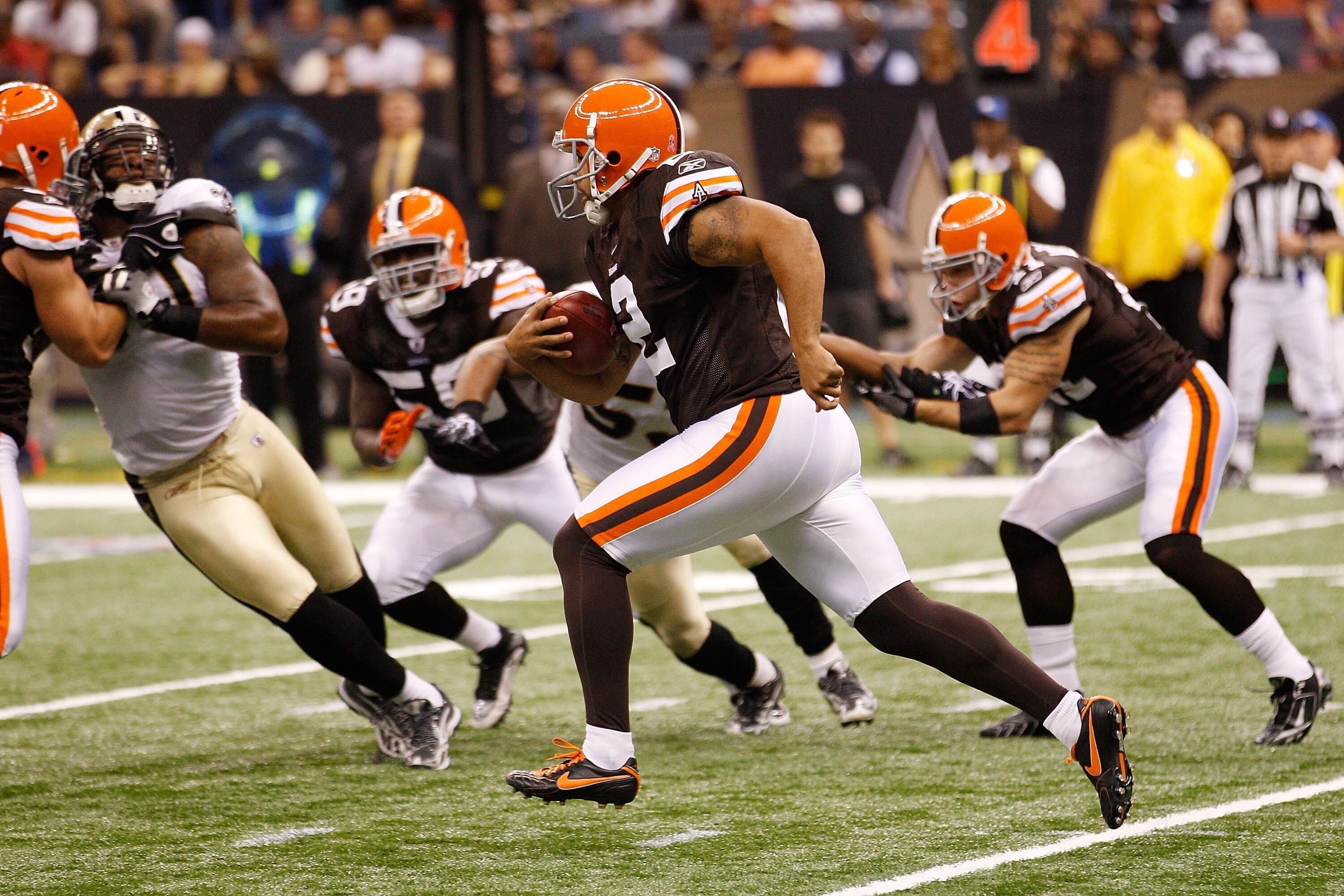 NEW ORLEANS - OCTOBER 24:  Punter Reggie Hodges #2 of the Cleveland Browns runs for 68 yards on a fake punt during the game against the New Orleans Saints at the Louisiana Superdome on October 24, 2010 in New Orleans, Louisiana.  (Photo by Chris Graythen/