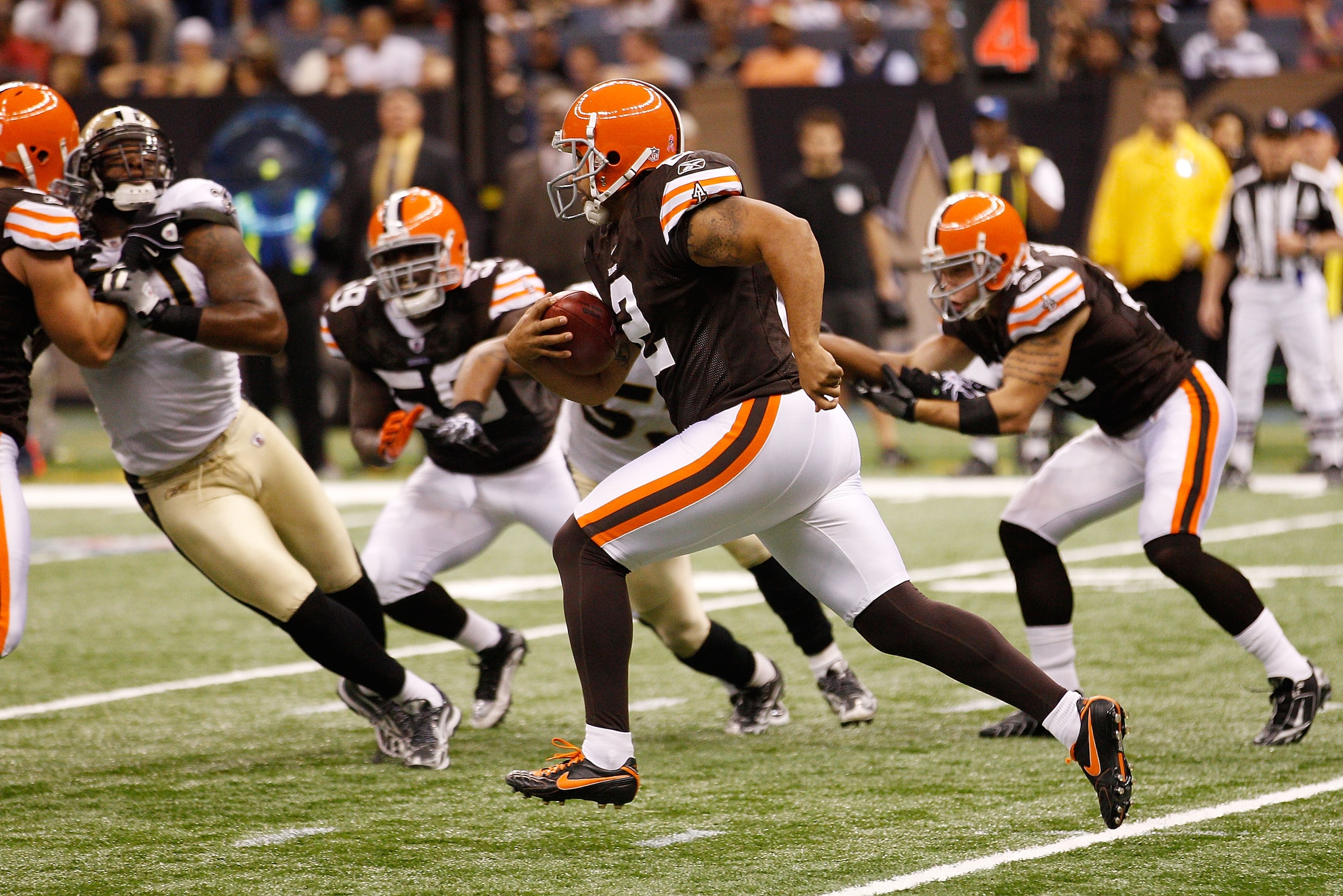 NEW ORLEANS - OCTOBER 24:  Punter Reggie Hodges #2 of the Cleveland Browns runs for 68 yards on a fake punt during the game against the New Orleans Saints at the Louisiana Superdome on October 24, 2010 in New Orleans, Louisiana.  (Photo by Chris Graythen/