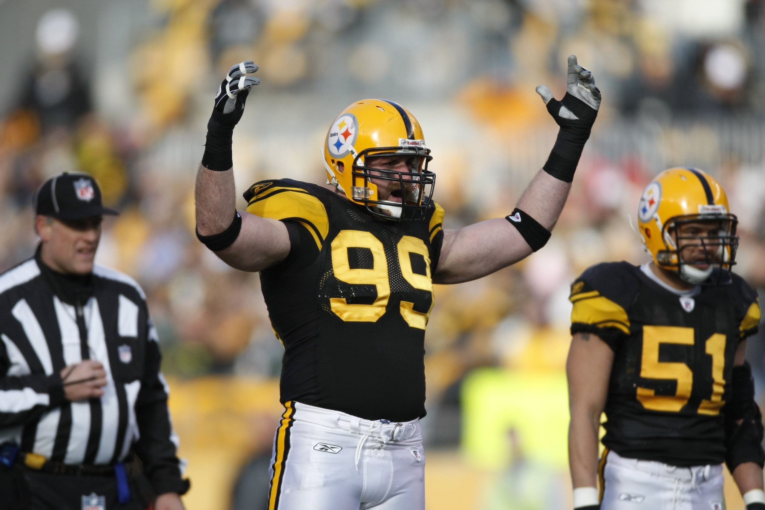 PITTSBURGH - DECEMBER 27:  Brett Keisel #99 of the Pittsburgh Steelers gestures during the game against the Baltimore Ravens on December 27, 2009 at Heinz Field in Pittsburgh, Pennsylvania. (Photo by Gregory Shamus/Getty Images)