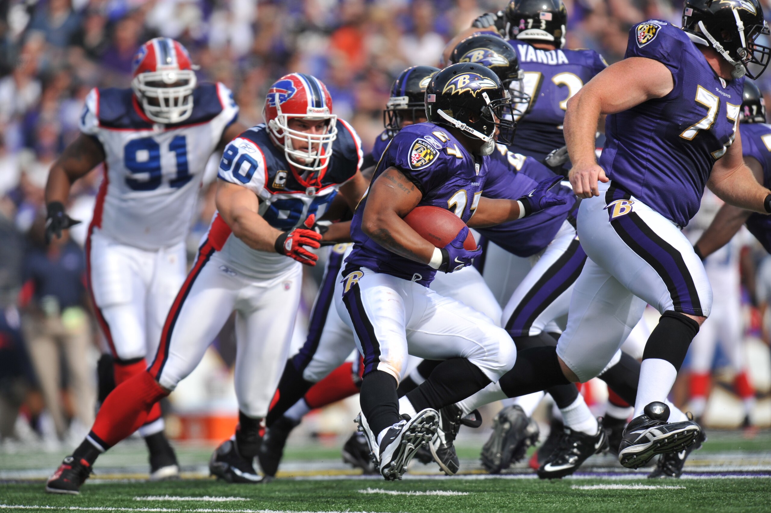 BALTIMORE, MD - OCTOBER 24:  Ray Rice #27 of the Baltimore Ravens runs the ball against the Buffalo Bills at M&T Bank Stadium on October 24, 2010 in Baltimore, Maryland. The Ravens defeated the Bills 37-34. (Photo by Larry French/Getty Images)