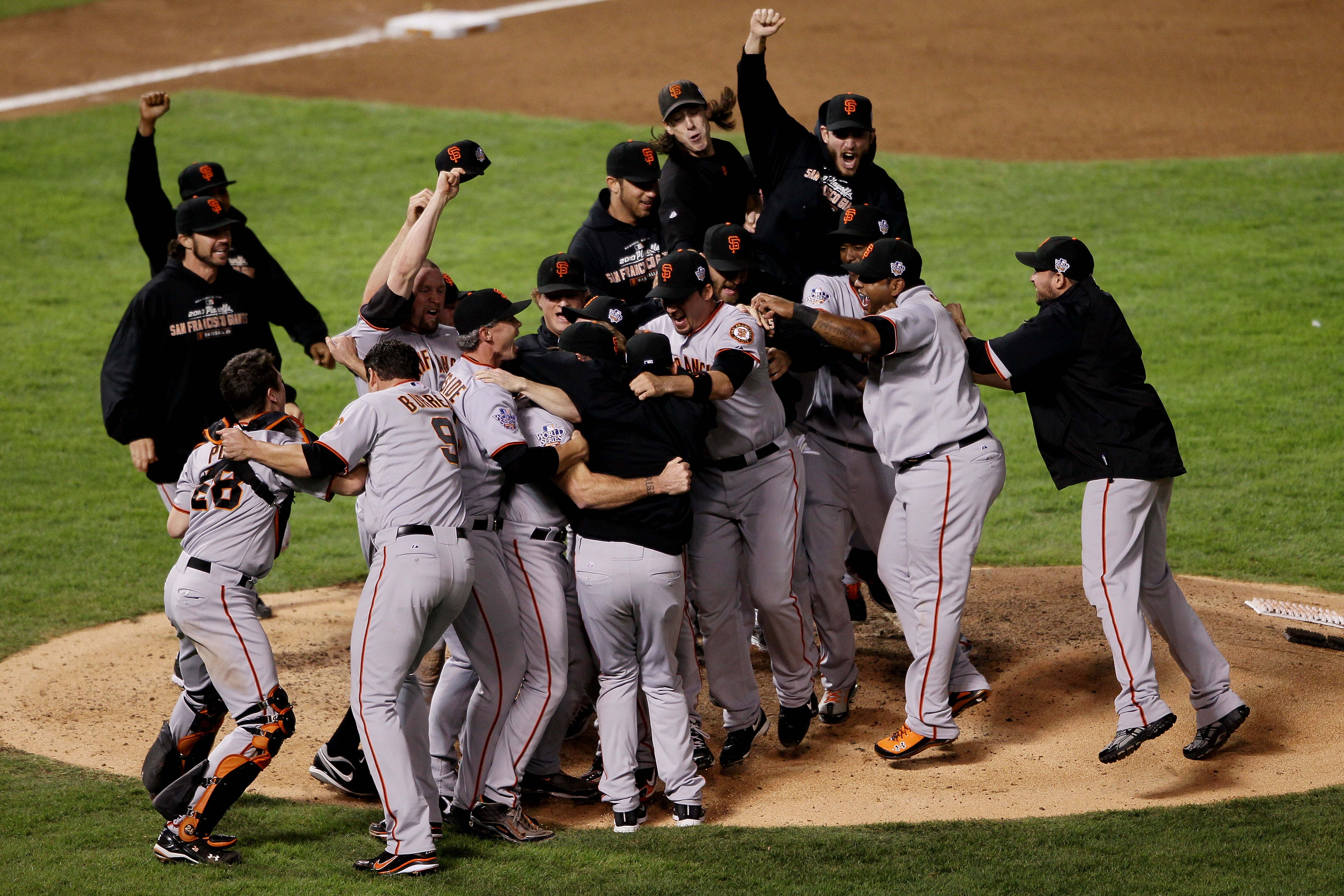 ARLINGTON, TX - NOVEMBER 01:  The San Francisco Giants celebrate their 3-1 victory to win the World Series over the Texas Rangers in Game Five of the 2010 MLB World Series at Rangers Ballpark in Arlington on November 1, 2010 in Arlington, Texas.  (Photo b