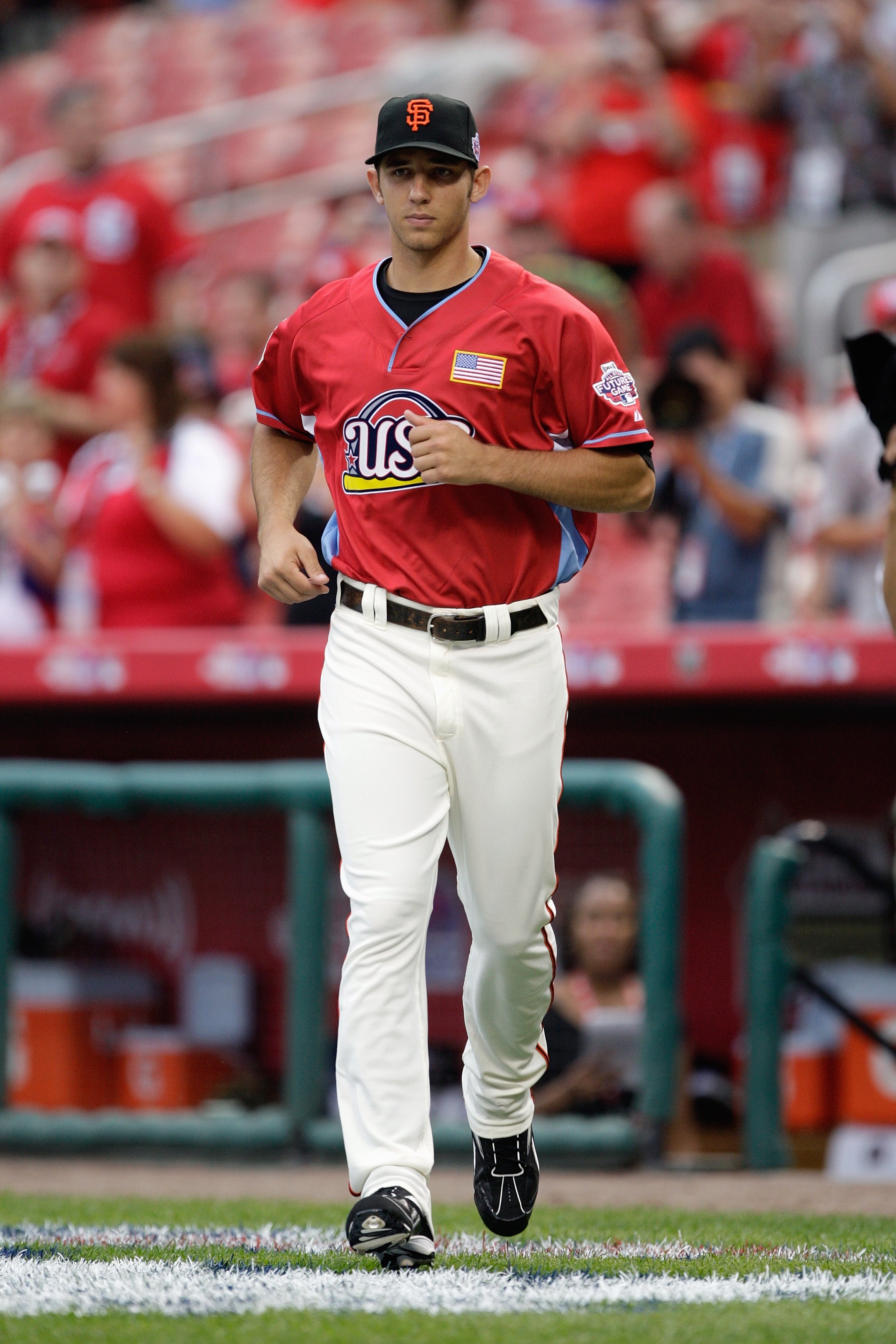 ST. LOUIS, MO - JULY 12: U.S. Futures All-Star Madison Bumgarner of the San Francisco Giants runs onto the field during the 2009 XM All-Star Futures Game at Busch Stadium on July 12, 2009 in St. Louis, Missouri. (Photo by Jamie Squire/Getty Images)