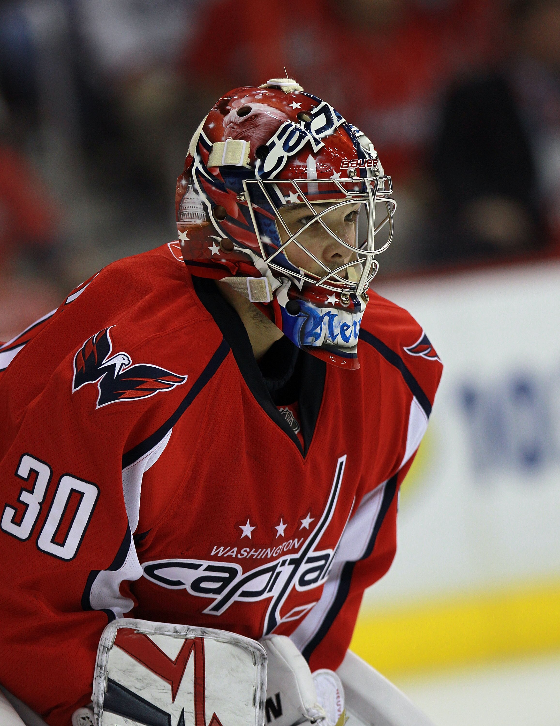 WASHINGTON - OCTOBER 13:  Goaltender Michal Neuvirth #30 of the Washington Capitals in action against the New York Islanders at the Verizon Center on October 13, 2010 in Washington, DC.  (Photo by Bruce Bennett/Getty Images)