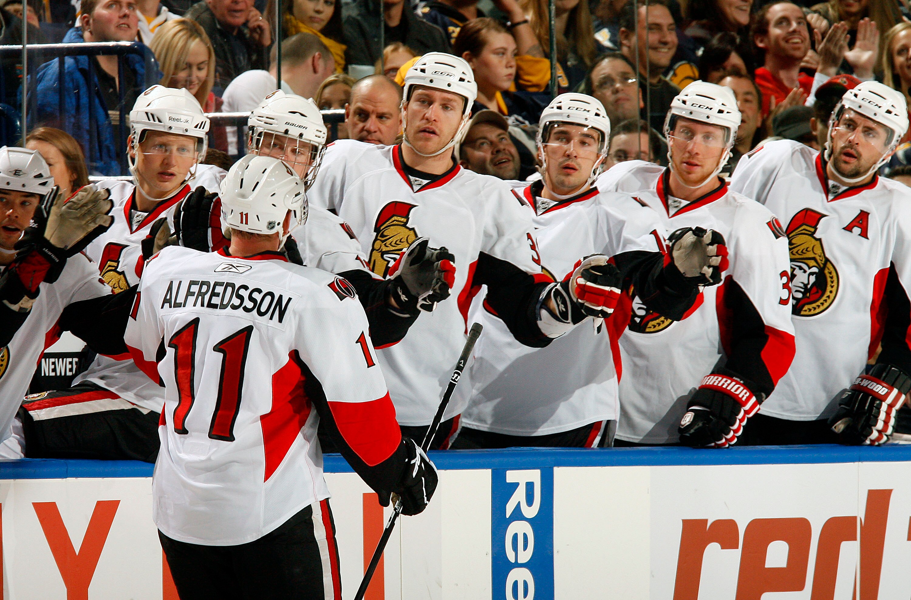 BUFFALO, NY - OCTOBER 22:  Daniel Alfredsson #11 of the Ottawa Senators celebrates his first goal of the game against the Buffalo Sabres  during their NHL game at HSBC Arena October 22, 2010 in Buffalo, New York.  (Photo By Dave Sandford/Getty Images)