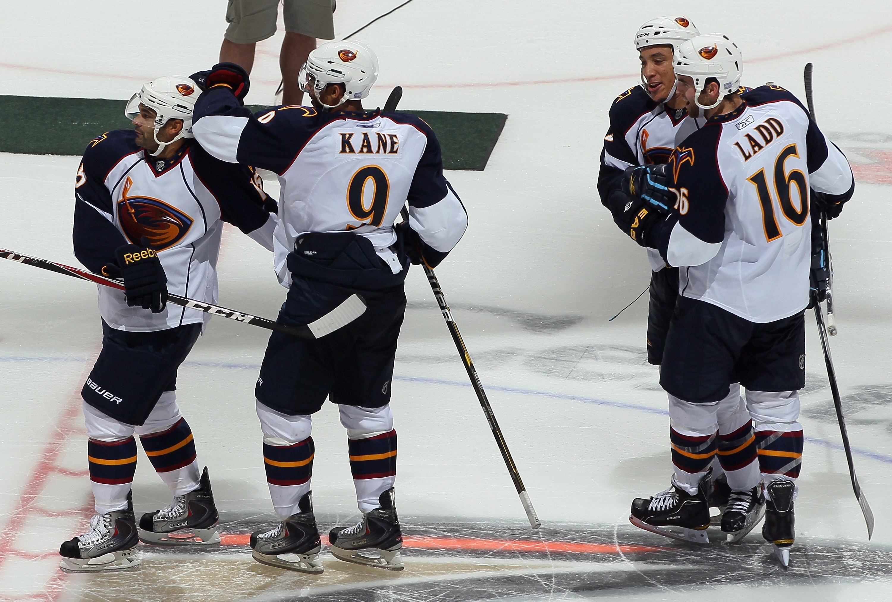 ANAHEIM, CA - OCTOBER 15:  (L-R) Nigel Dawes #15, Evander Kane #9, Anthony Stewart #22 and Andrew Ladd #16 of the Atlanta Thrashers celebrate Dawes' shootout winning goal over the Anaheim Ducks at Honda Center on October 15, 2010 in Anaheim, California. T