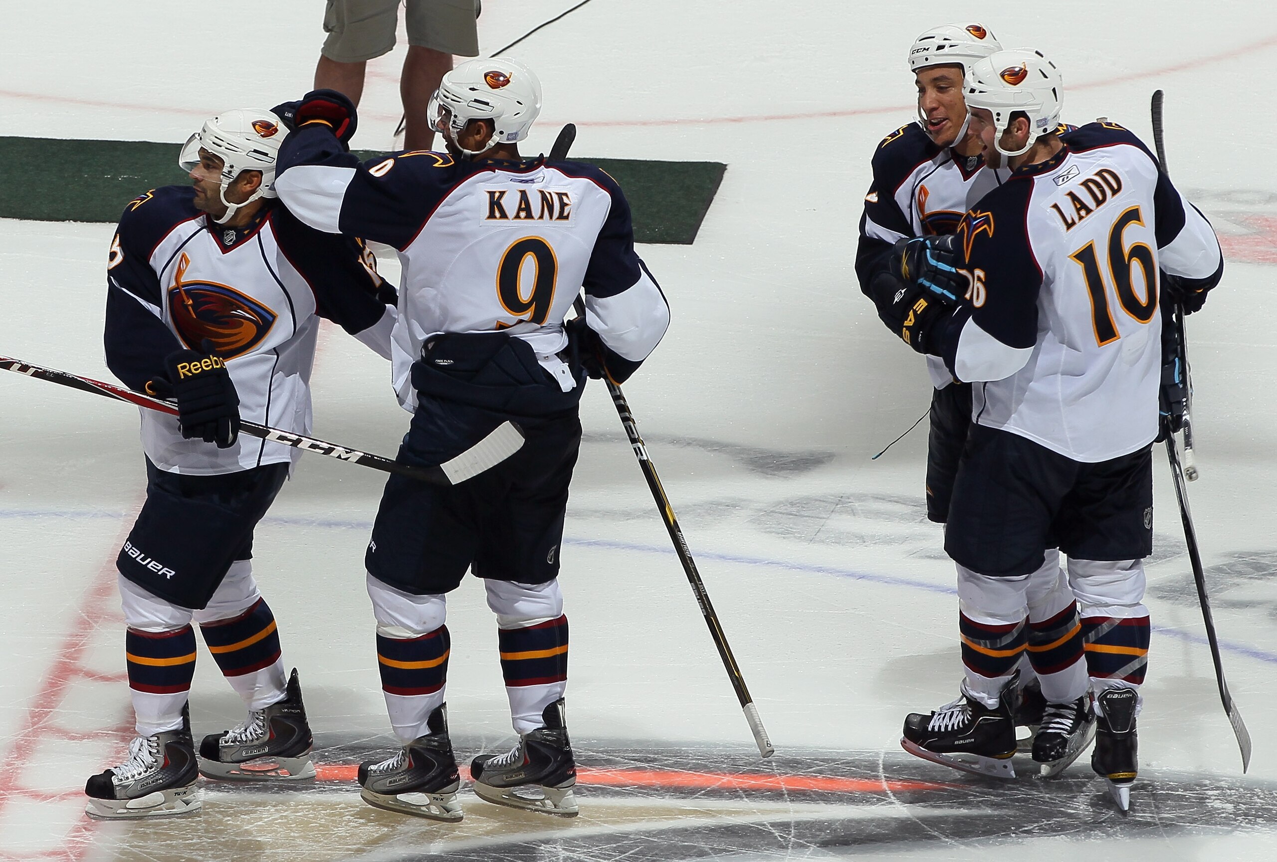 ANAHEIM, CA - OCTOBER 15: (L-R) Nigel Dawes #15, Evander Kane #9, Anthony Stewart #22 and Andrew Ladd #16 of the Atlanta Thrashers celebrate Dawes' shootout winning goal over the Anaheim Ducks at Honda Center on October 15, 2010 in Anaheim, California. T ANAHEIM, CA - OCTOBER 15: (L-R) Nigel Dawes #15, Evander Kane #9, Anthony Stewart #22 and Andrew Ladd #16 of the Atlanta Thrashers celebrate Dawes' shootout winning goal over the Anaheim Ducks at Honda Center on October 15, 2010 in Anaheim, California. T