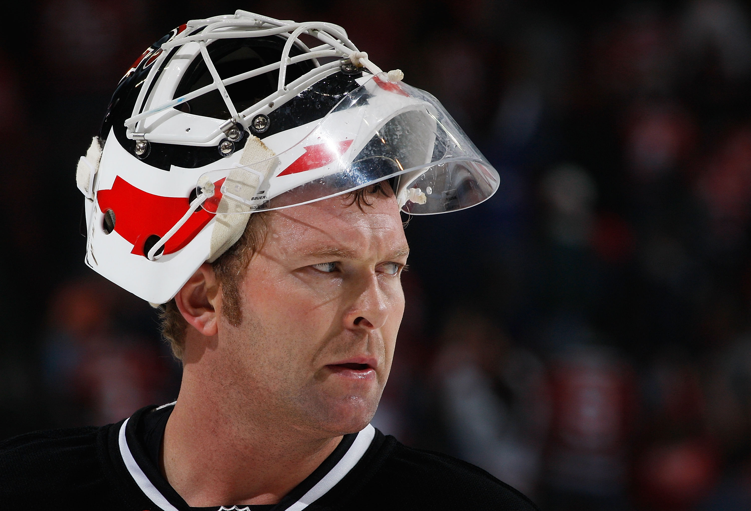 NEWARK, NJ - OCTOBER 23:  Goaltender Martin Brodeur #30 of the New Jersey Devils looks on against the Buffalo Sabres on October 23, 2010 at the Prudential Center in Newark, New Jersey. Sabres defeat the Devils 6-1 (Photo by Mike Stobe/Getty Images)