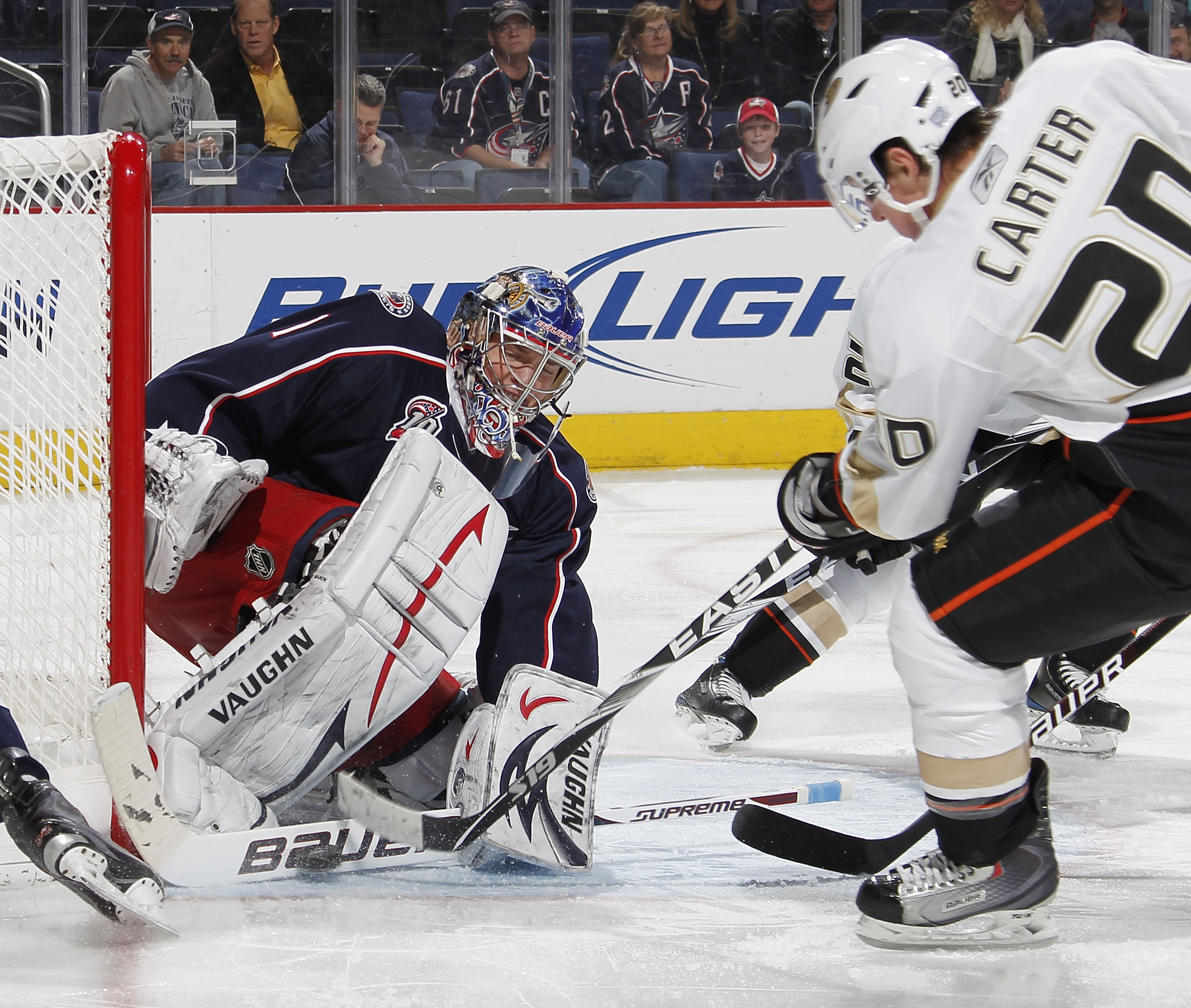 COLUMBUS, OH - OCTOBER 20:  Steve Mason #1 of the Columbus Blue Jackets stops a shot by Ryan Carter #20 of the Anaheim Ducks on October 20, 2010 at Nationwide Arena in Columbus, Ohio. Columbus won the game 3-1. (Photo by Gregory Shamus/Getty Images)