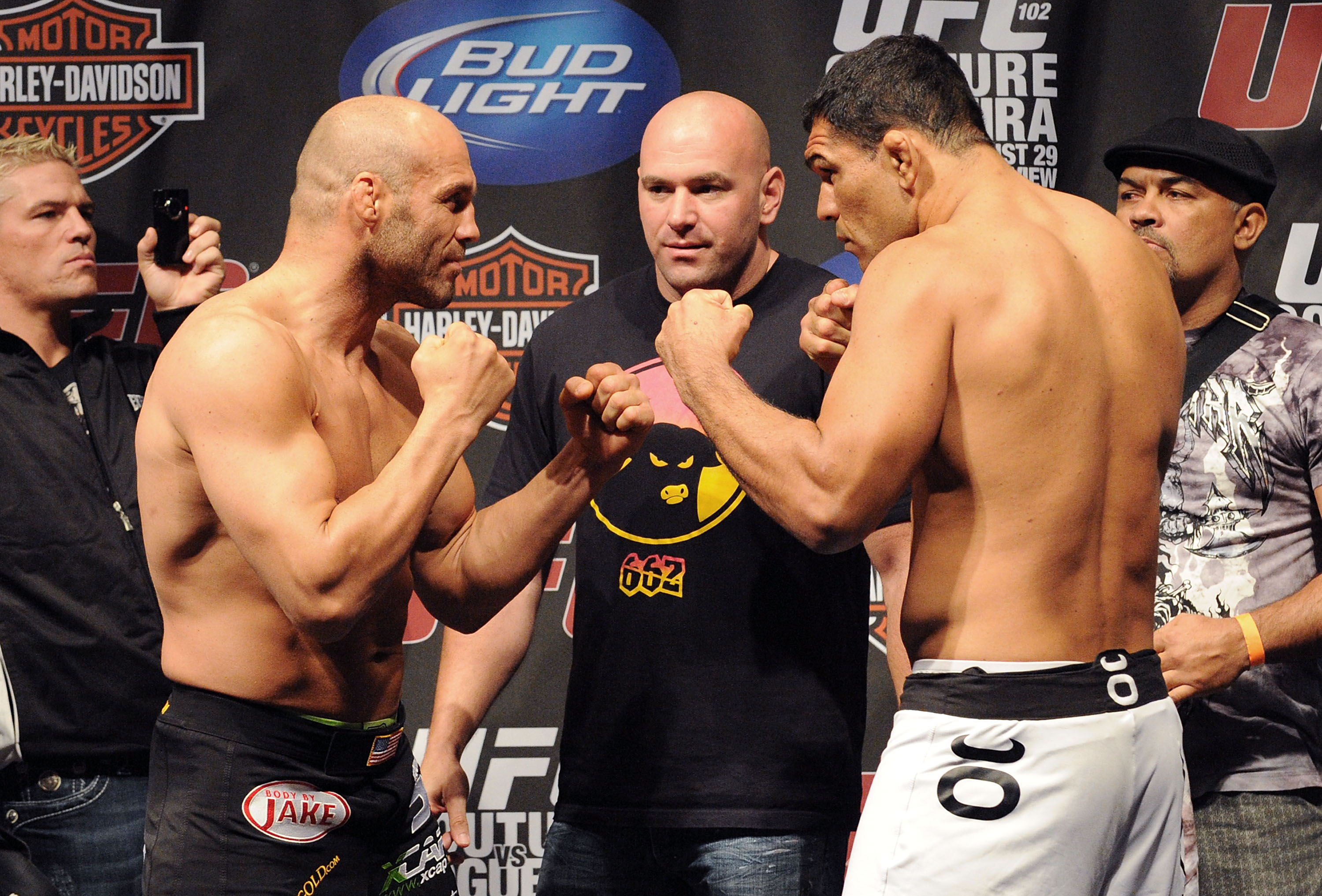 PORTLAND, OR - AUGUST 28: UFC heavyweight fighter Randy Couture squares off with UFC heavyweight fighter Antonio Rodrigo Nogueira at the UFC 102: Couture vs. Nogueira Weigh-In at the Rose Garden Arena on August 28, 2009 in Portland, Oregon. (Photo by Jon
