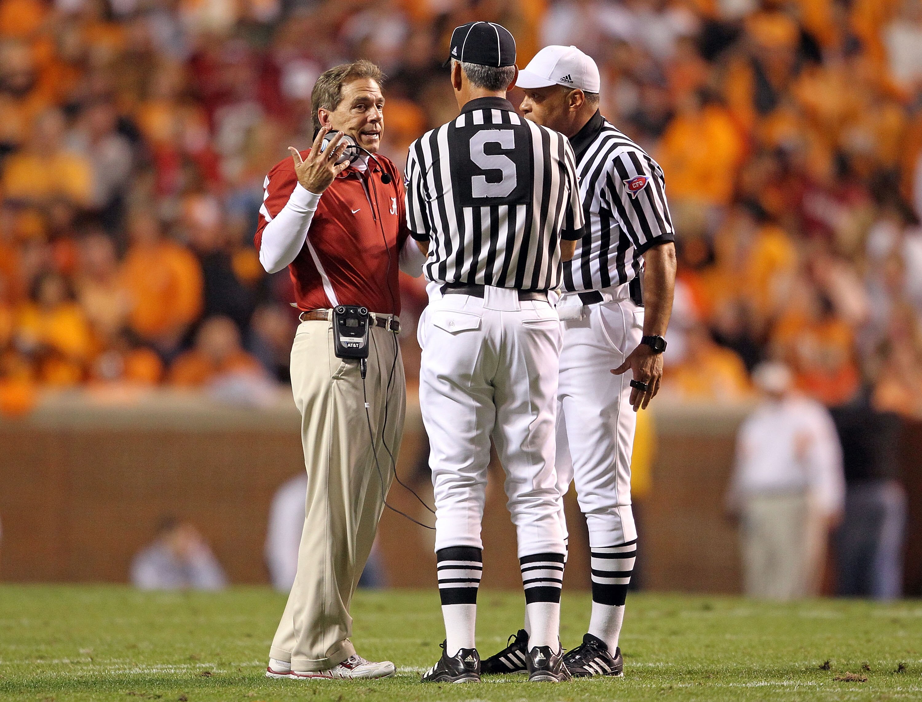 KNOXVILLE, TN - OCTOBER 23:  Nick Saban the Head Coach of the Alabama Crimson Tide talks with the game officals during the SEC game against the Tennessee Volunteers at Neyland Stadium on October 23, 2010 in Knoxville, Tennessee.  (Photo by Andy Lyons/Gett
