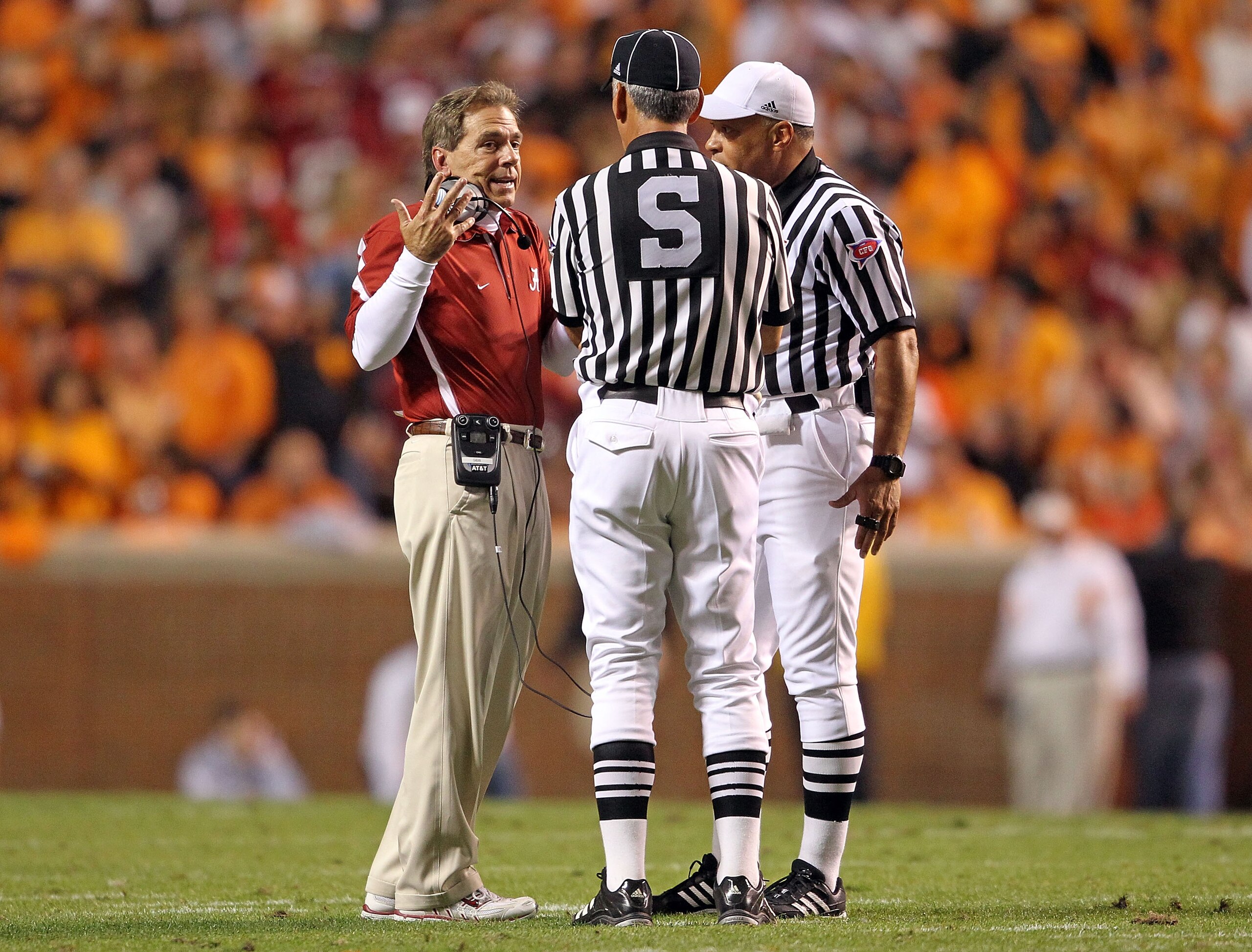 KNOXVILLE, TN - OCTOBER 23:  Nick Saban the Head Coach of the Alabama Crimson Tide talks with the game officals during the SEC game against the Tennessee Volunteers at Neyland Stadium on October 23, 2010 in Knoxville, Tennessee.  (Photo by Andy Lyons/Gett